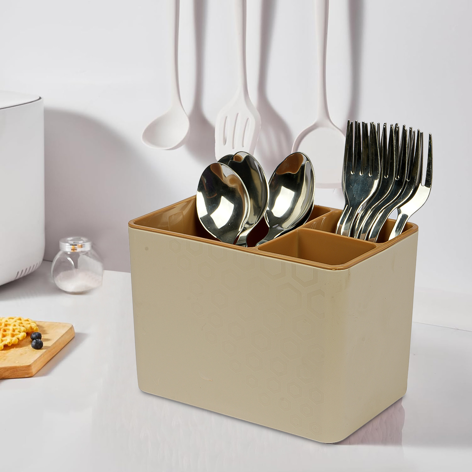 Kuber Industries Cutlery Holder | Plastic Stationery Box | Stationery Organizer | Cutlery Organizer | Kitchen Organizer | InStyle Cutlery Stand | Sandy Brown