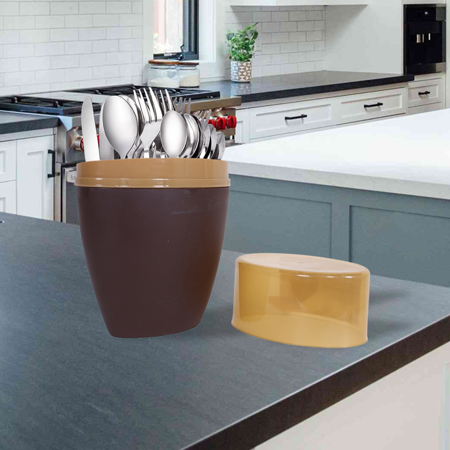 Kuber Industries Cutlery Holder|Cutlery Holder for Kitchen|Cutlery Holder for Dining Table|Multi-Purpose Kitchen Organizer (Brown)
