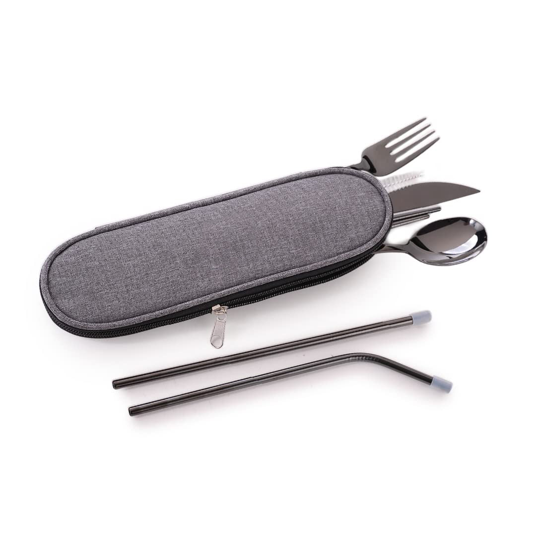 Kuber Industries Cutlery Set | Travel Camping Cutlery Set | Kitchen Organizer Set | Travel Organizer Utensil Set | Stainless Steel Utensil Set With Bag | HS007 | Set of 8 | Black