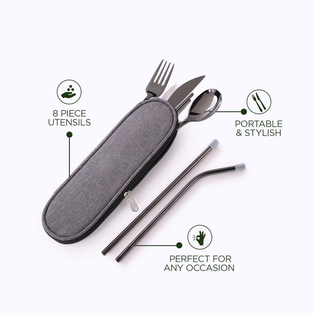 Kuber Industries Cutlery Set | Travel Camping Cutlery Set | Kitchen Organizer Set | Travel Organizer Utensil Set | Stainless Steel Utensil Set With Bag | HS007 | Set of 8 | Black