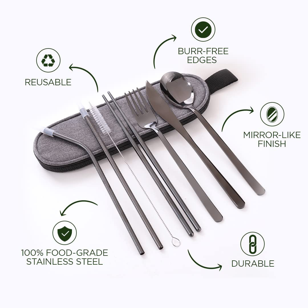 Kuber Industries Cutlery Set | Travel Camping Cutlery Set | Kitchen Organizer Set | Travel Organizer Utensil Set | Stainless Steel Utensil Set With Bag | HS007 | Set of 8 | Black