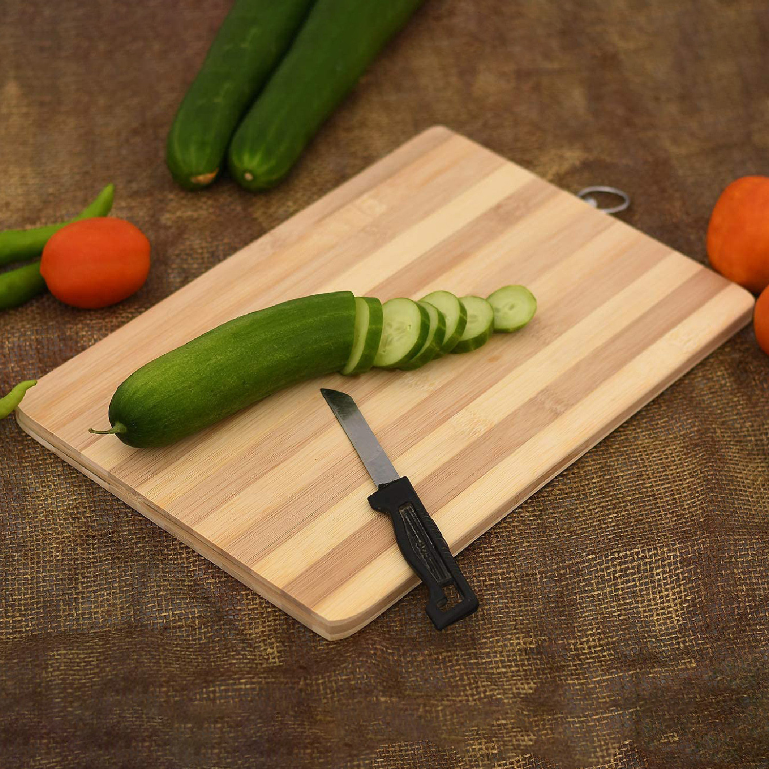 Kuber Industries Cutting Board|Wooden Slicing & Kitchen Chopping Board with Steel Hook for Hanging Fruits,Vegetables (Brown)
