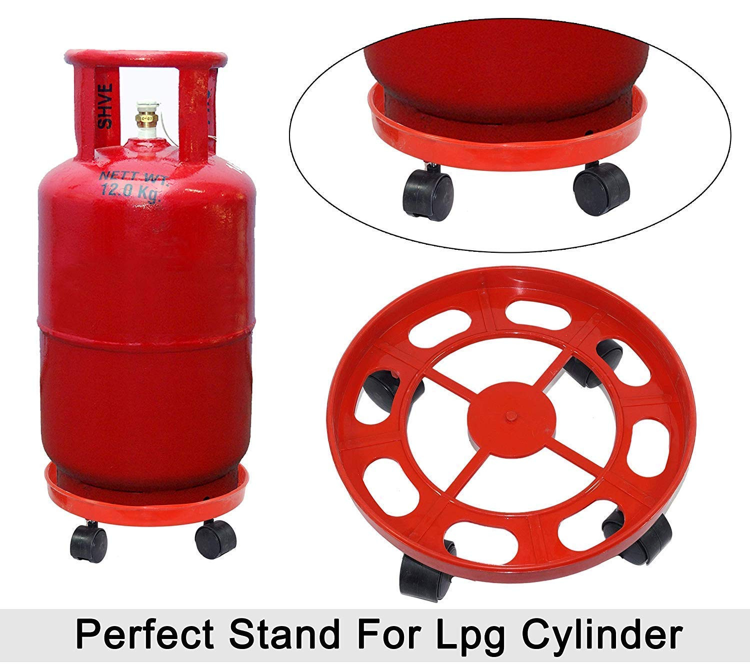 Kuber industries Cylinder Easily Movable Plastic Trolley Stand with Wheels (Red)