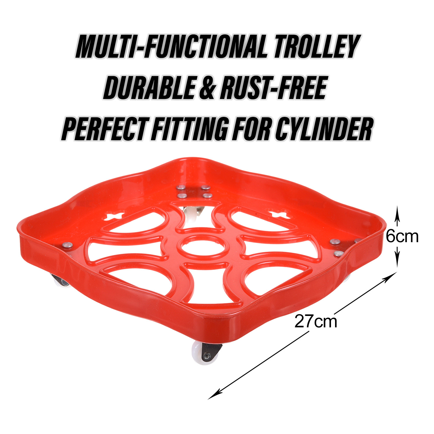 Kuber Industries Cylinder Stand|Unbreakable Plastic Gas Cylinder Stand|LPG Cylinder Stand|Gas Trolly|Square Shape Cylinder Trolley With Wheels (Red)