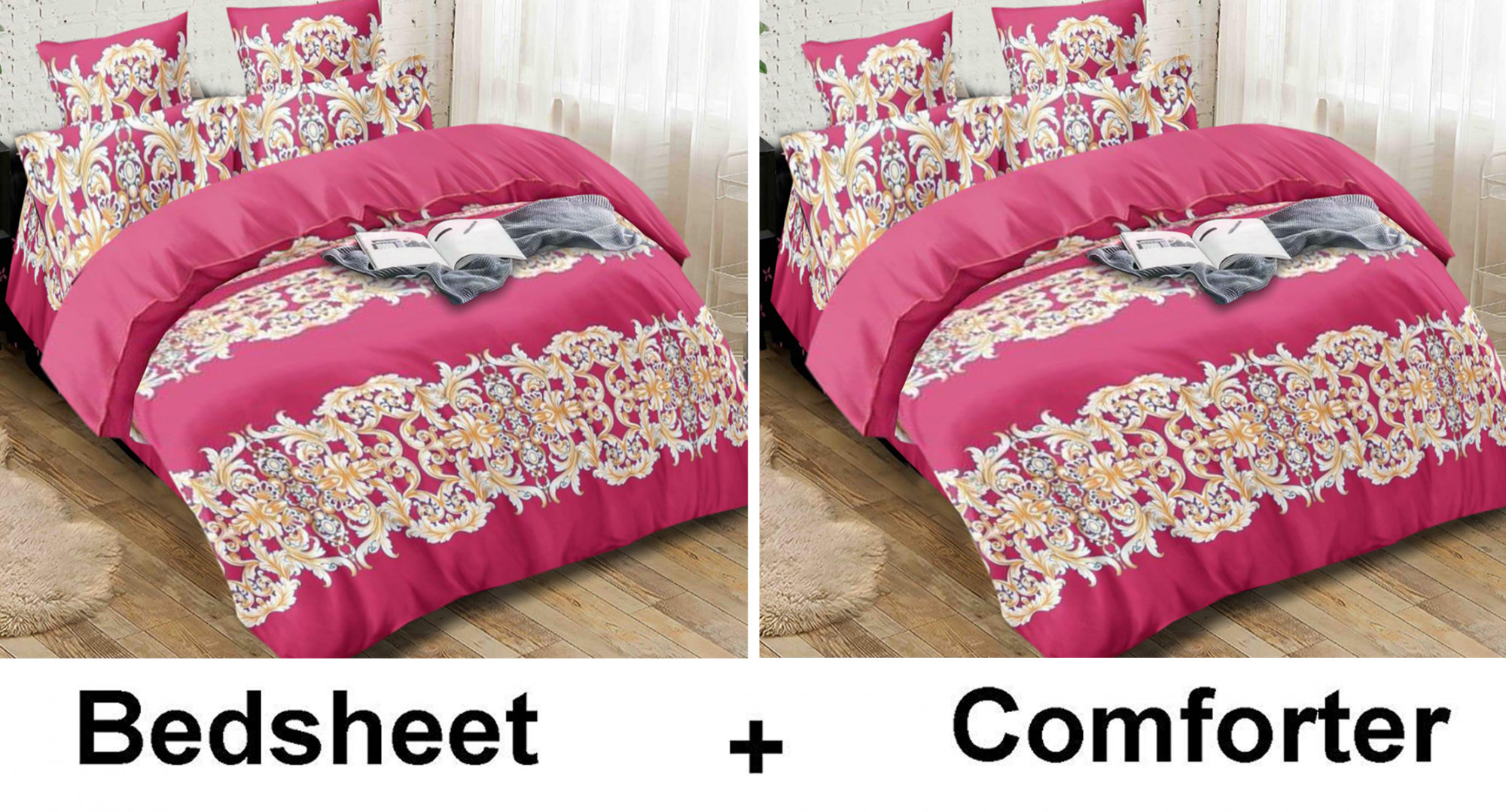 Kuber Industries Damask Print Glace Cotton AC Comforter King Size Bed Comforter, Double Bed Sheet, 2 Pillow Cover (Pink, 90x100 Inches)-Set of 4 Pieces