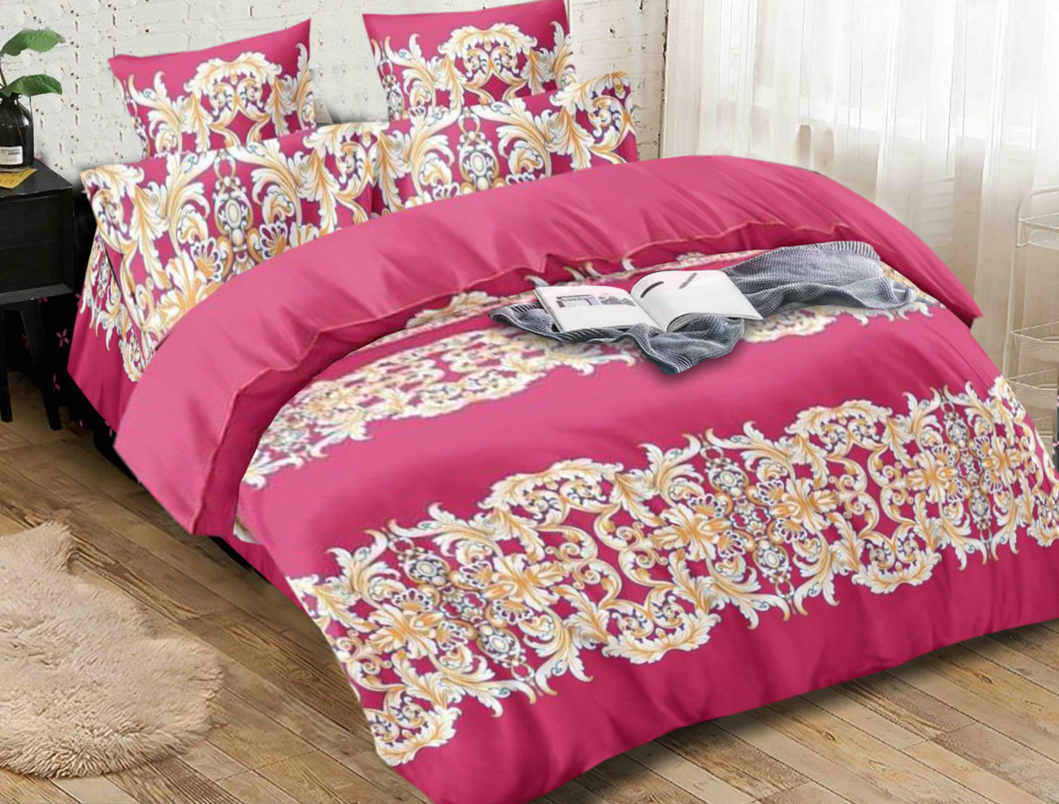 Kuber Industries Damask Print Glace Cotton Double Bedsheet with 2 Pillow Covers (Pink)