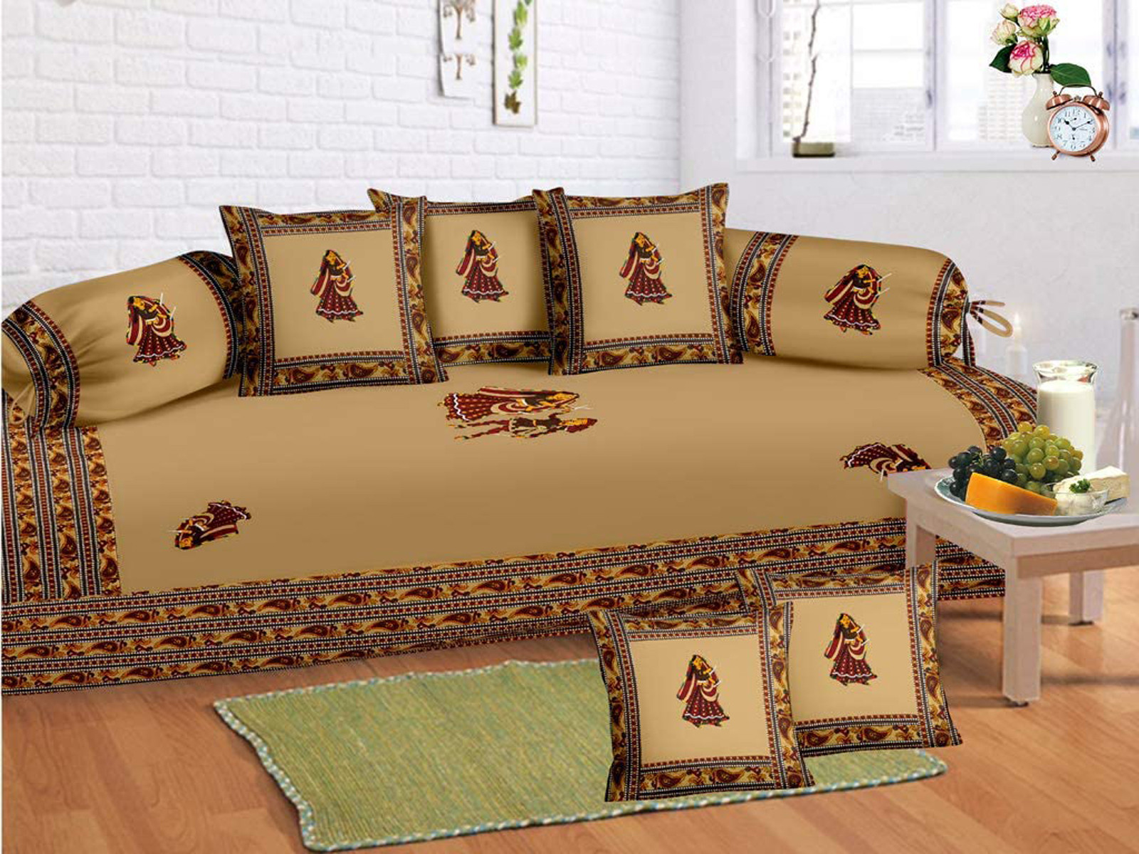 Kuber Industries Dancing Women Design Cotton Diwan Set With 8 Pieces (Cream)