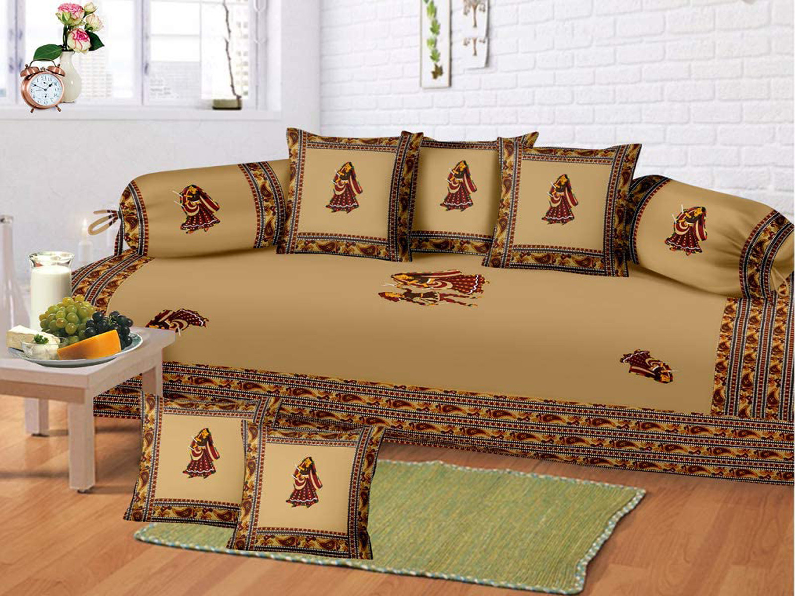 Kuber Industries Dancing Women Design Cotton Diwan Set With 8 Pieces (Cream)
