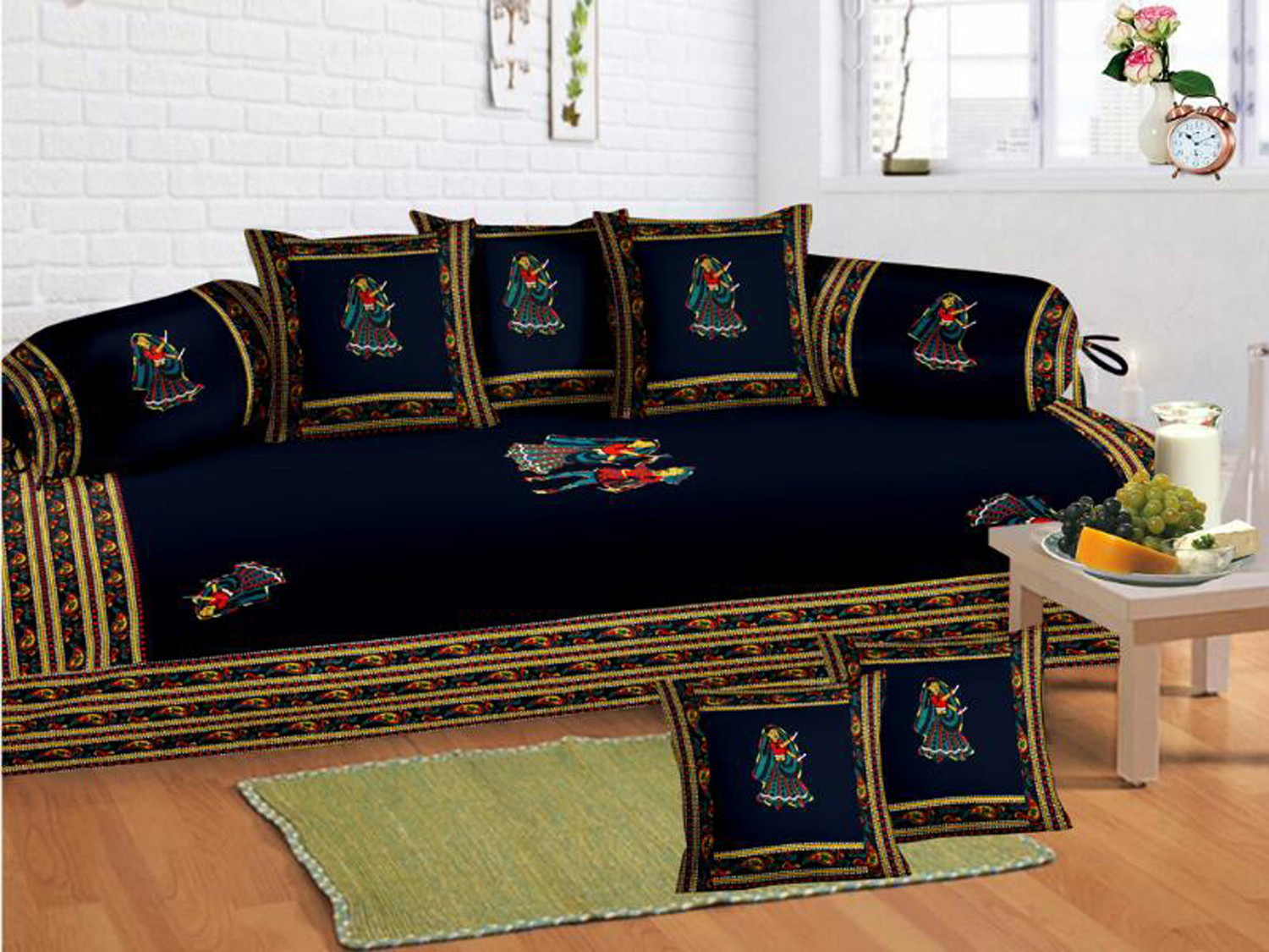 Kuber Industries Dancing Women With Designer Border Cotton Diwan Set With 8 Pieces (Blue)