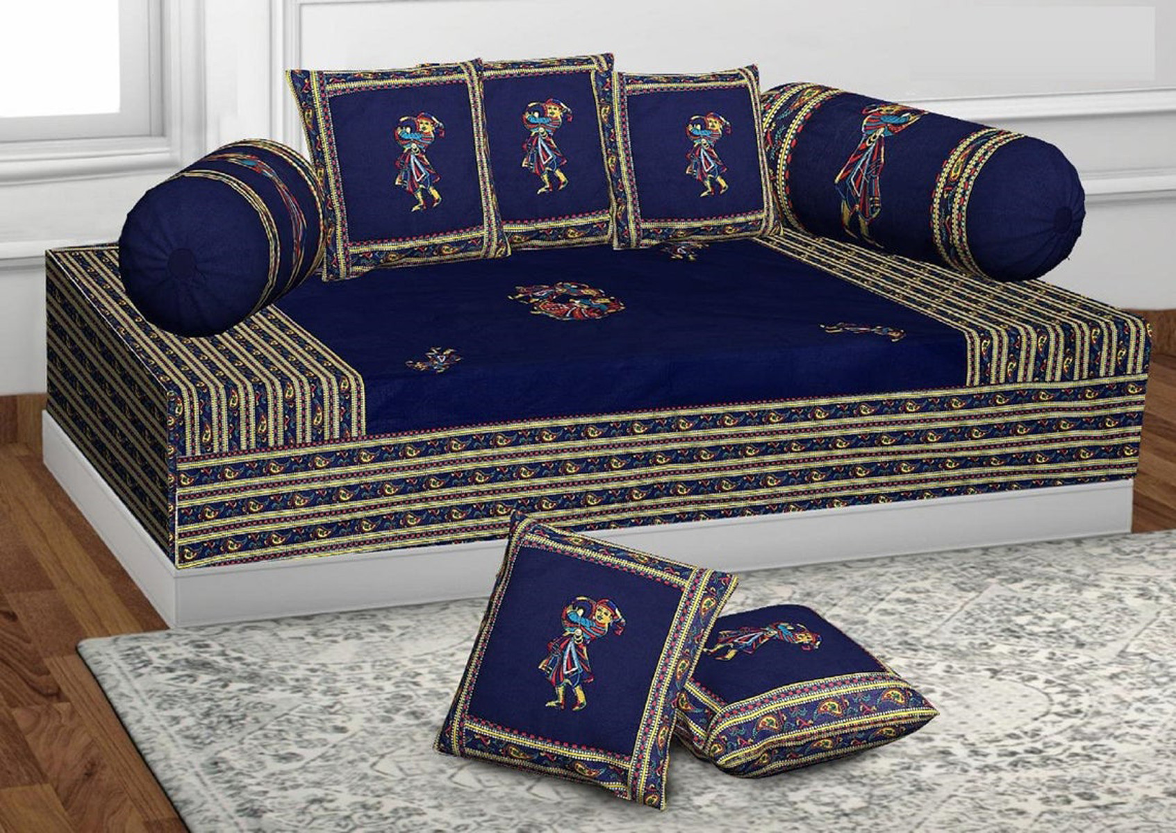 Kuber Industries Dancing Women With Designer Border Cotton Diwan Set With 8 Pieces (Blue)