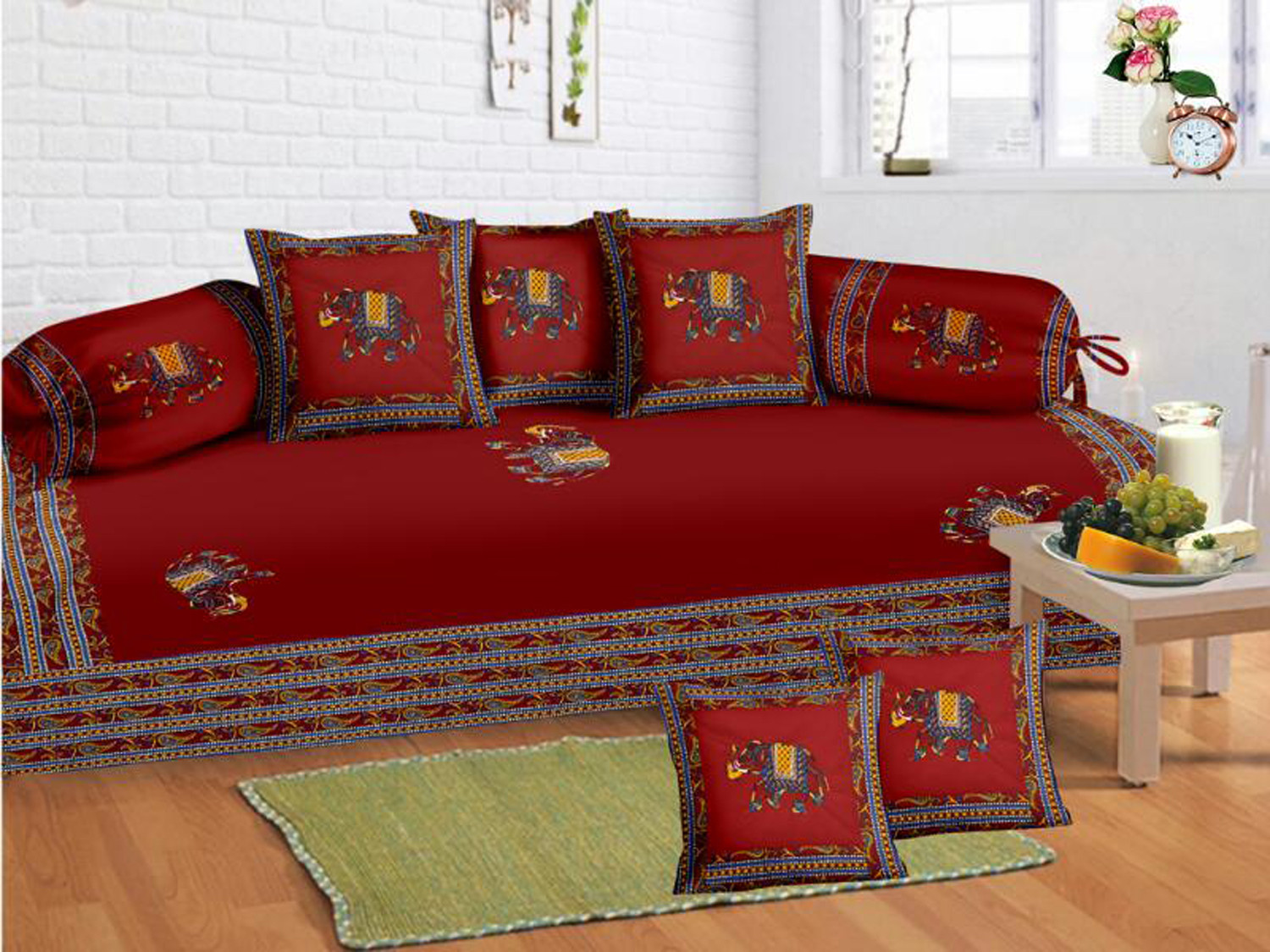 Kuber Industries Dancing Women With Designer Border Cotton Diwan Set With 8 Pieces (Maroon)