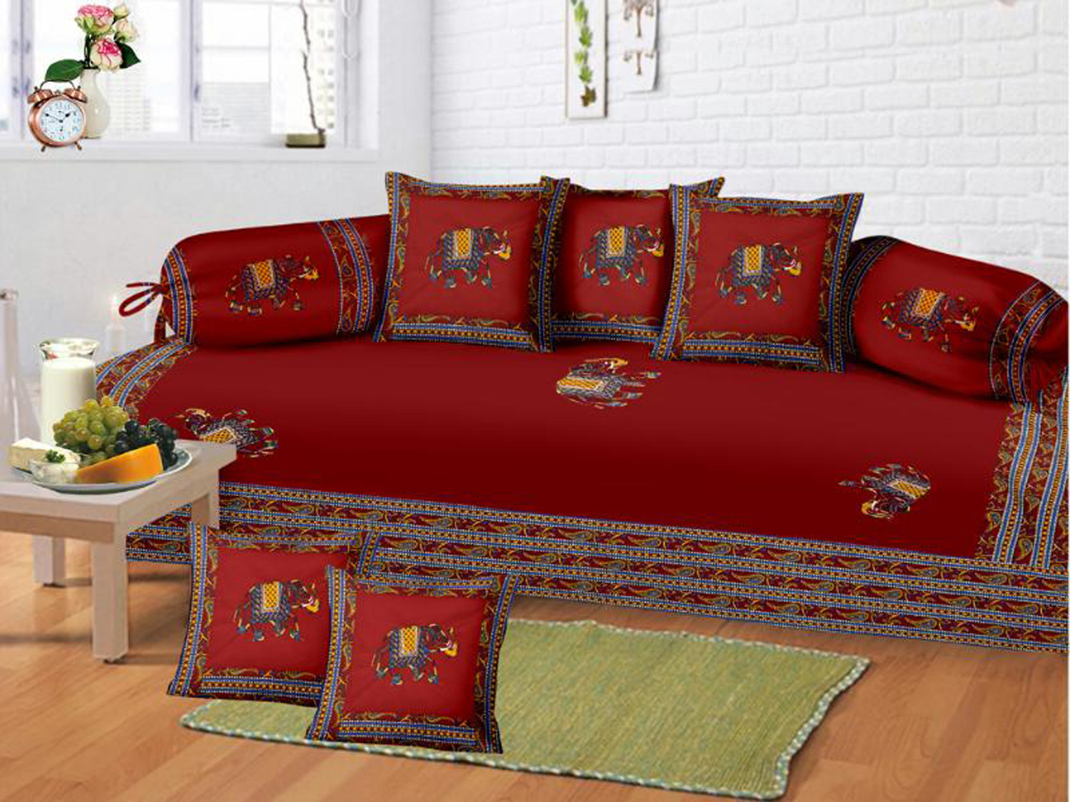 Kuber Industries Dancing Women With Designer Border Cotton Diwan Set With 8 Pieces (Maroon)