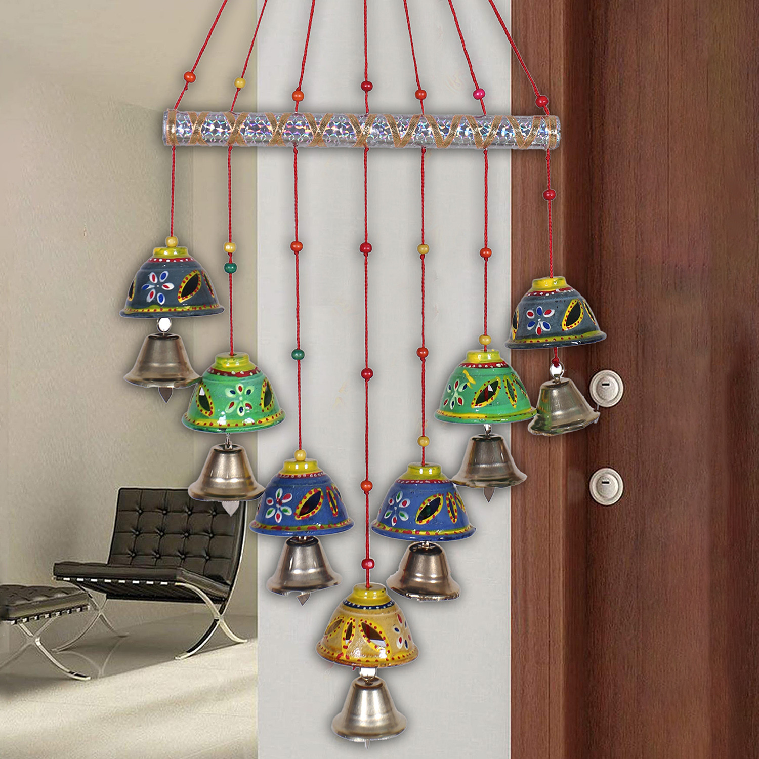 Kuber Industries Decorative Wooden Rajasthani Based Handmade Windchimes With Bells for Home & Balcony Decoration (Multicolor)