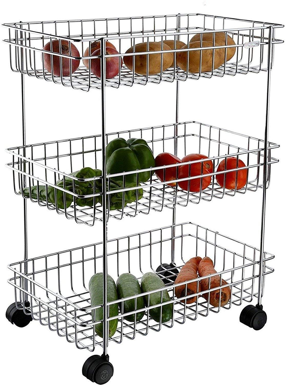 Kuber Industries Deluxe 3-Layer Stainless Steel Multipurpose Storage Rack/Shelf, Kitchen Rack With Wheels (Silver)