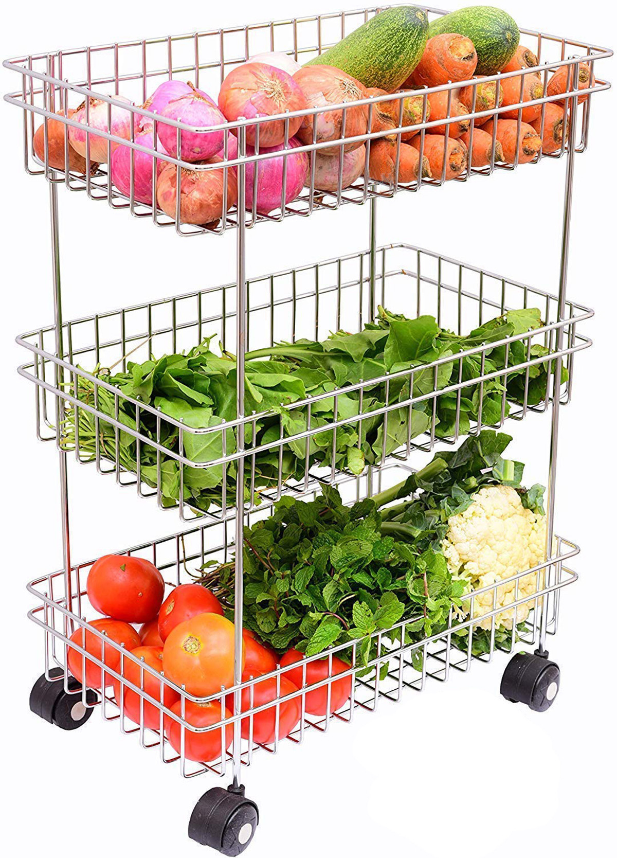 Kuber Industries Deluxe 3-Layer Stainless Steel Multipurpose Storage Rack/Shelf, Kitchen Rack With Wheels (Silver)