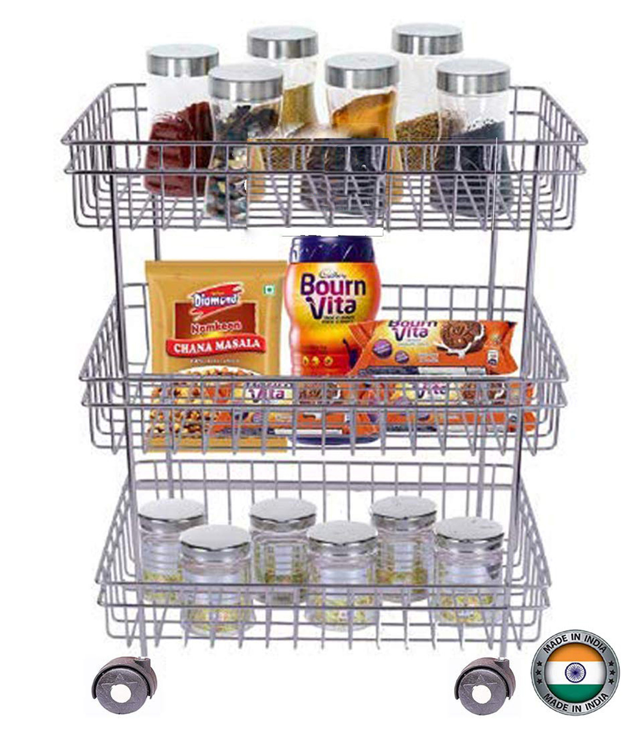 Kuber Industries Deluxe 3-Layer Stainless Steel Multipurpose Storage Rack/Shelf, Kitchen Rack With Wheels (Silver)