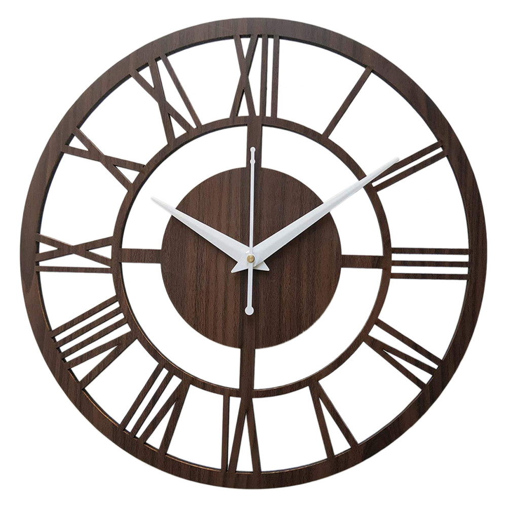 Kuber Industries Designer Roman Number Round Shaped Wooden 10&quot; Wall Clock (Brown)