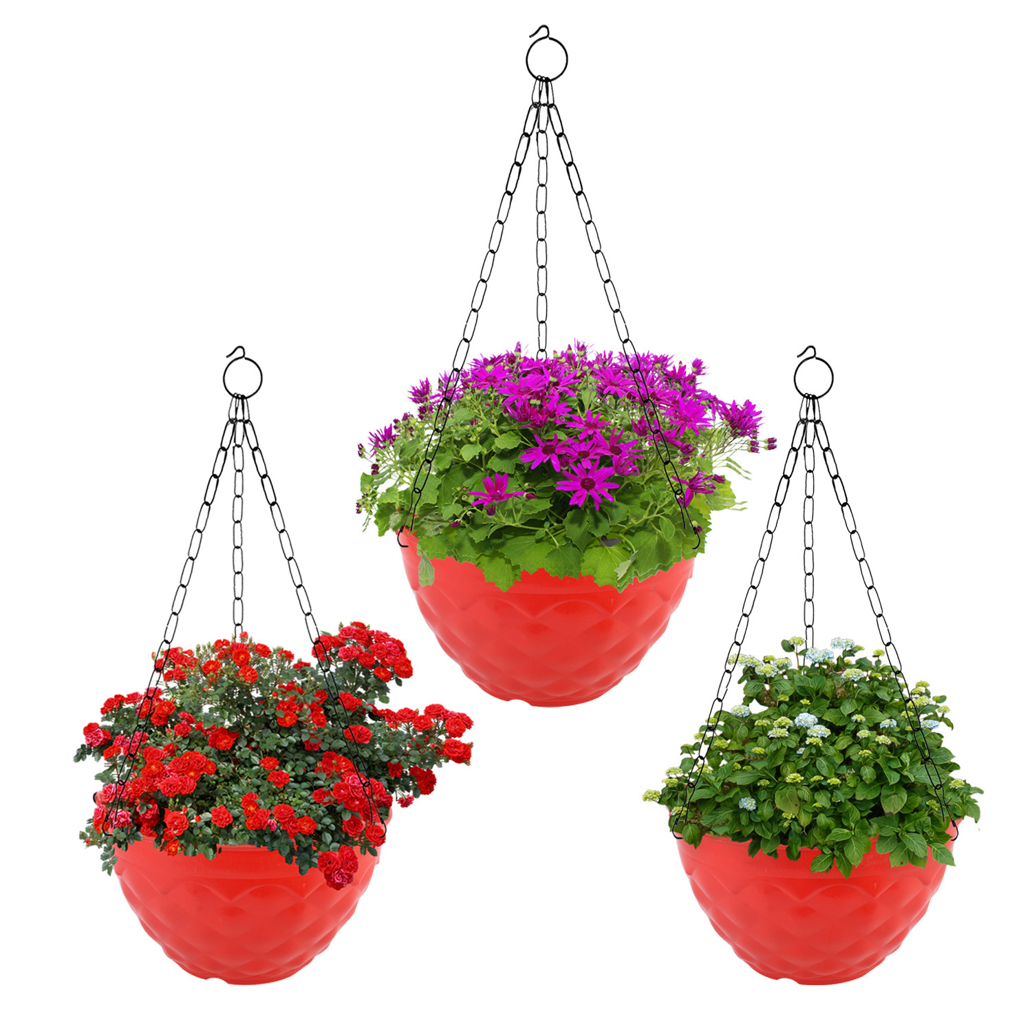 Kuber Industries Diamond Flower Pot|Durable Plastic Hanging Basket Flower Planter with Chain for Home|Garden|Balcony (Red)