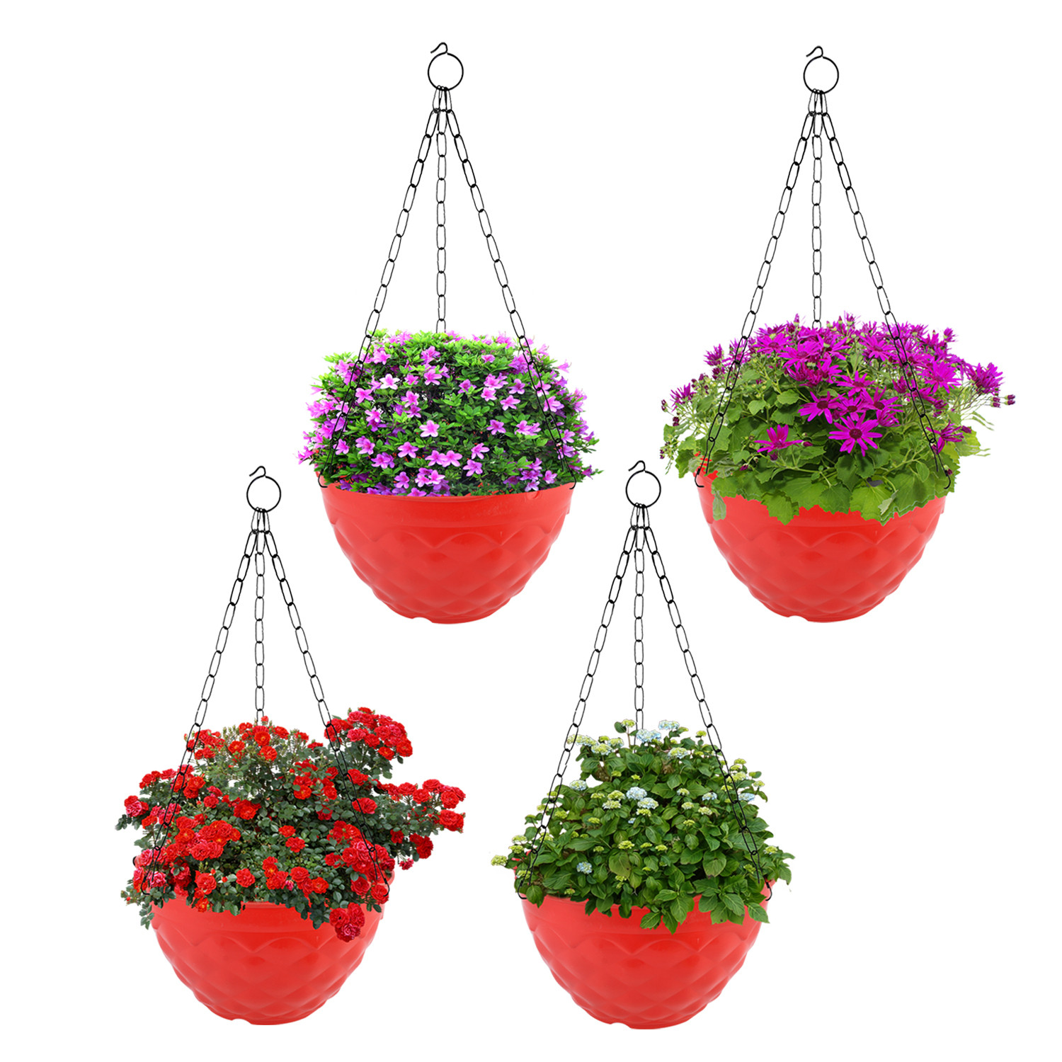 Kuber Industries Diamond Flower Pot|Durable Plastic Hanging Basket Flower Planter with Chain for Home|Garden|Balcony (Red)
