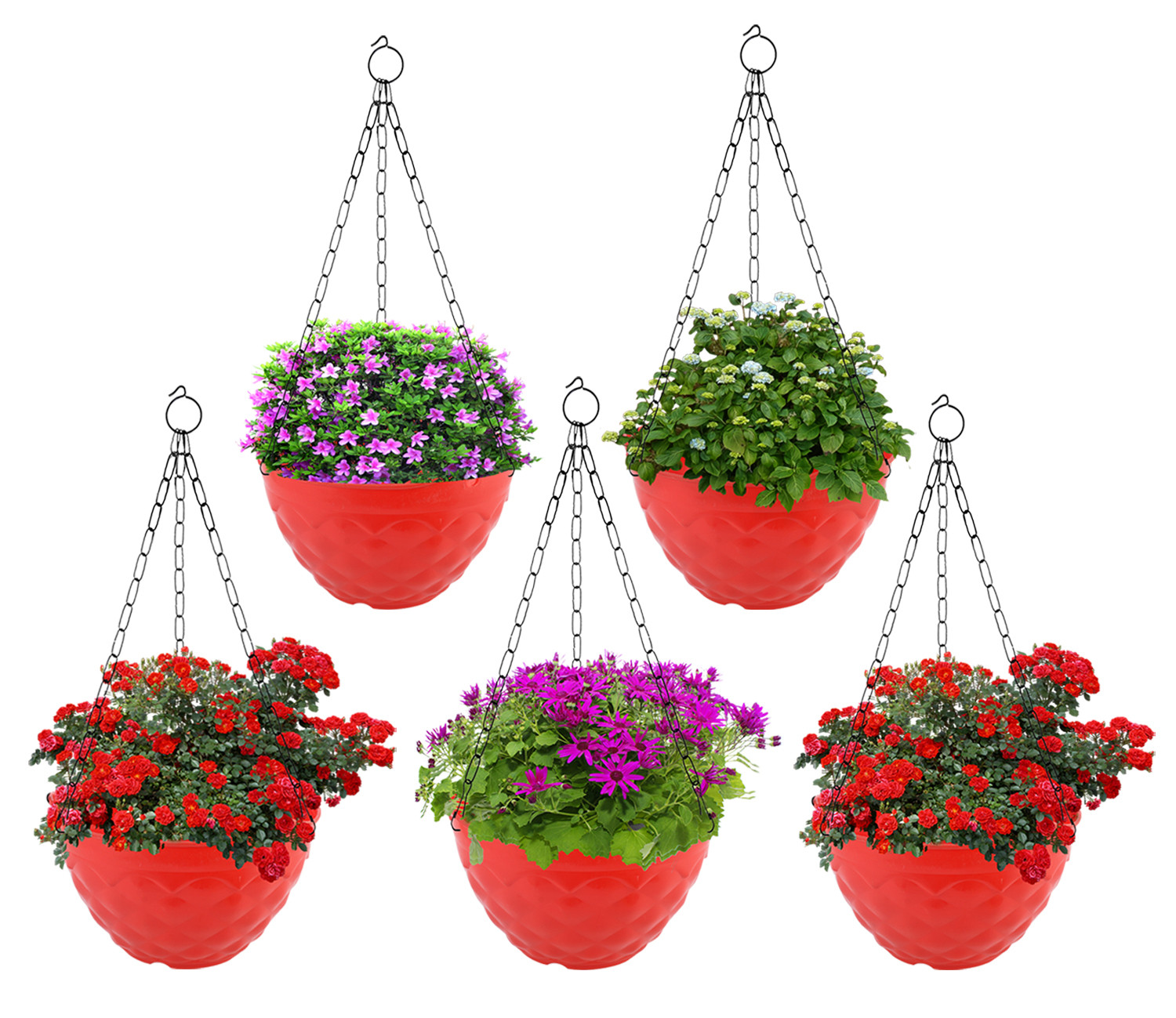 Kuber Industries Diamond Flower Pot|Durable Plastic Hanging Basket Flower Planter with Chain for Home|Garden|Balcony (Red)
