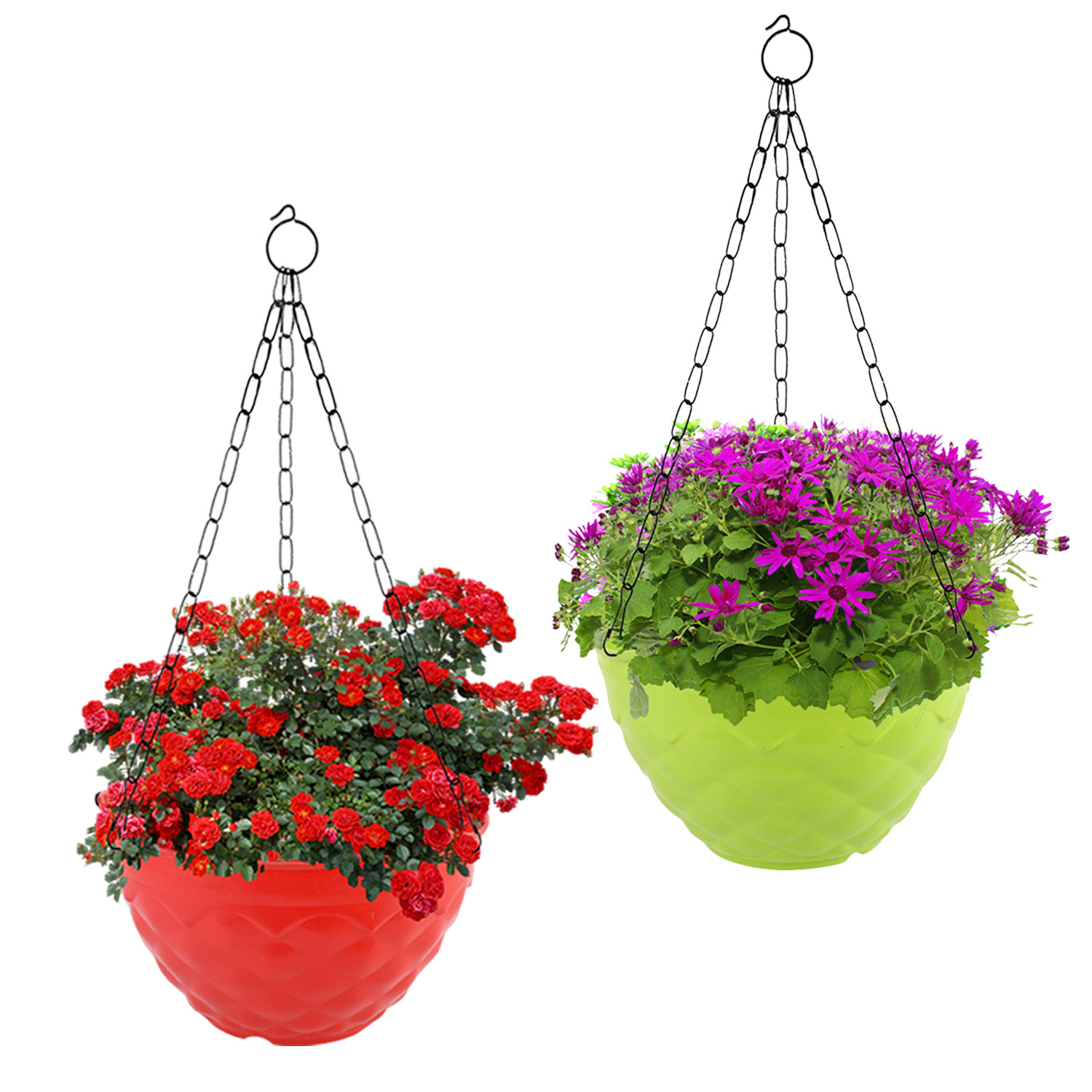Kuber Industries Diamond Flower Pot|Durable Plastic Hanging Basket Flower Planter with Chain for Home|Garden|Balcony|Pack of 2 (Red & Green)
