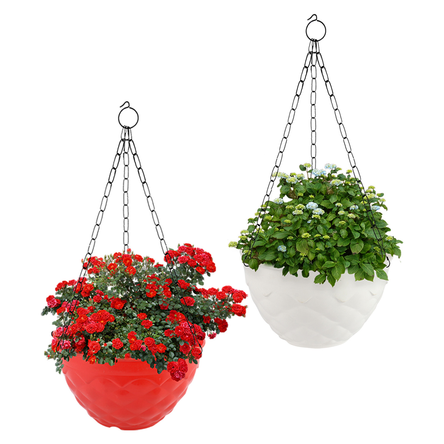 Kuber Industries Diamond Flower Pot|Durable Plastic Hanging Basket Flower Planter with Chain for Home|Garden|Balcony|Pack of 2 (Red & White)