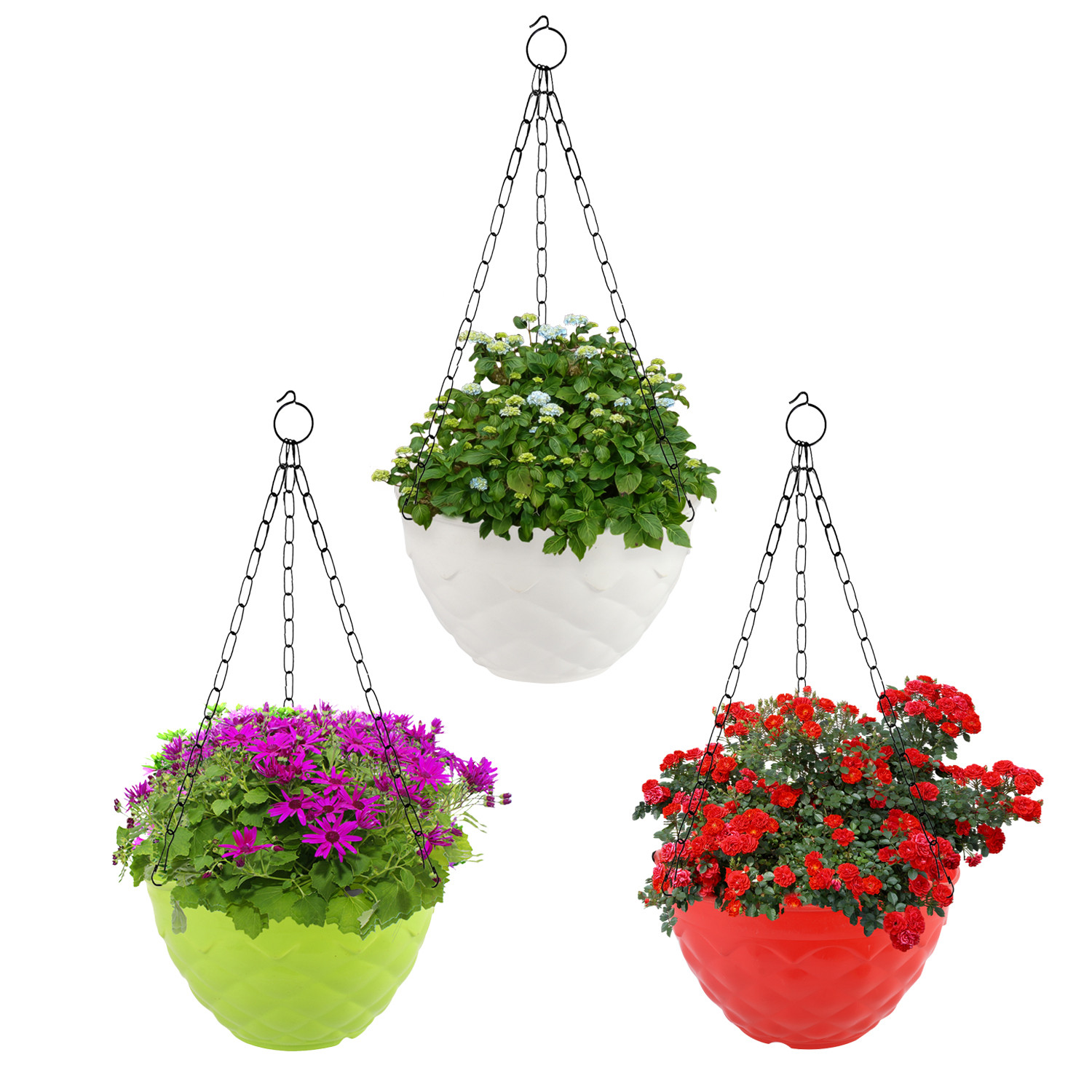 Kuber Industries Diamond Flower Pot|Durable Plastic Hanging Basket Flower Planter with Chain for Home|Garden|Balcony|Pack of 3 (Multicolor)
