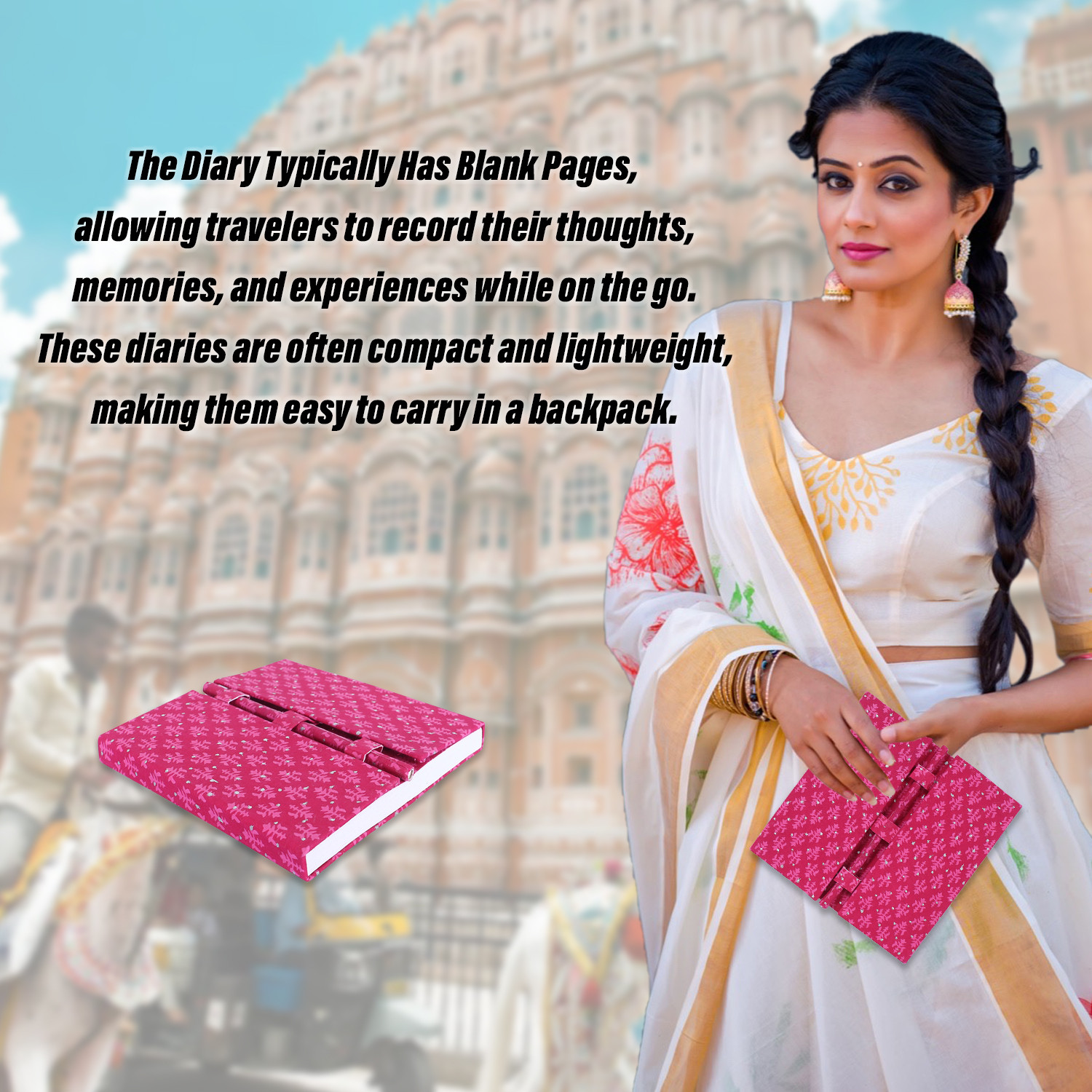 Kuber Industries Diary | Cardboard Travel Notebook | Diary for Journey | Pink Leaf Pen-Diary | Diary for Writing Thoughts & Memories | Relieve Stress | Pink