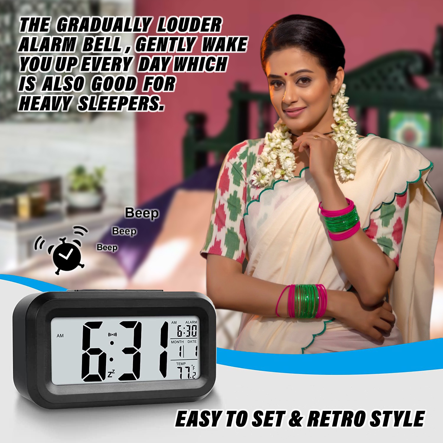 Kuber Industries Digital Alarm Clock | Plastic Table Alarm Clock | Alarm Clock for Gift | Alarm Clock with Night LCD Display | Vintage Look Alarm Clock | Battery Operated |Black