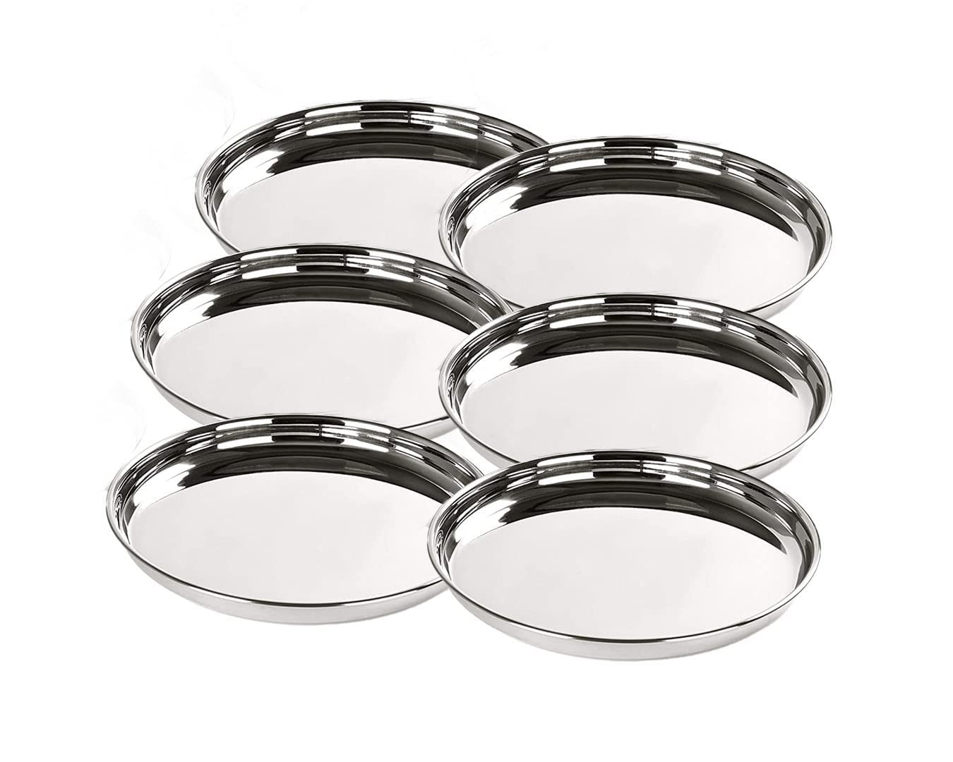 Kuber Industries Dining Plate Set | Steel Big Plates for Lunch | Deep Base Dining Plate | Breakfast Plate | Dinner Plate | Plate for Kitchen | Etching Buffet Plate | Set of 6 | Silver