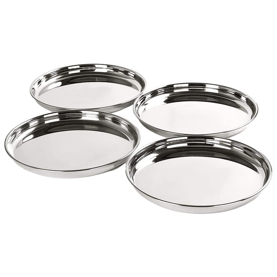 Kuber Industries Dining Plate Set | Steel Big Plates for Lunch | Deep Base Dining Plate | Breakfast Plate | Dinner Plate | Plate for Kitchen | Etching Buffet Plate | Set of 4 | Silver