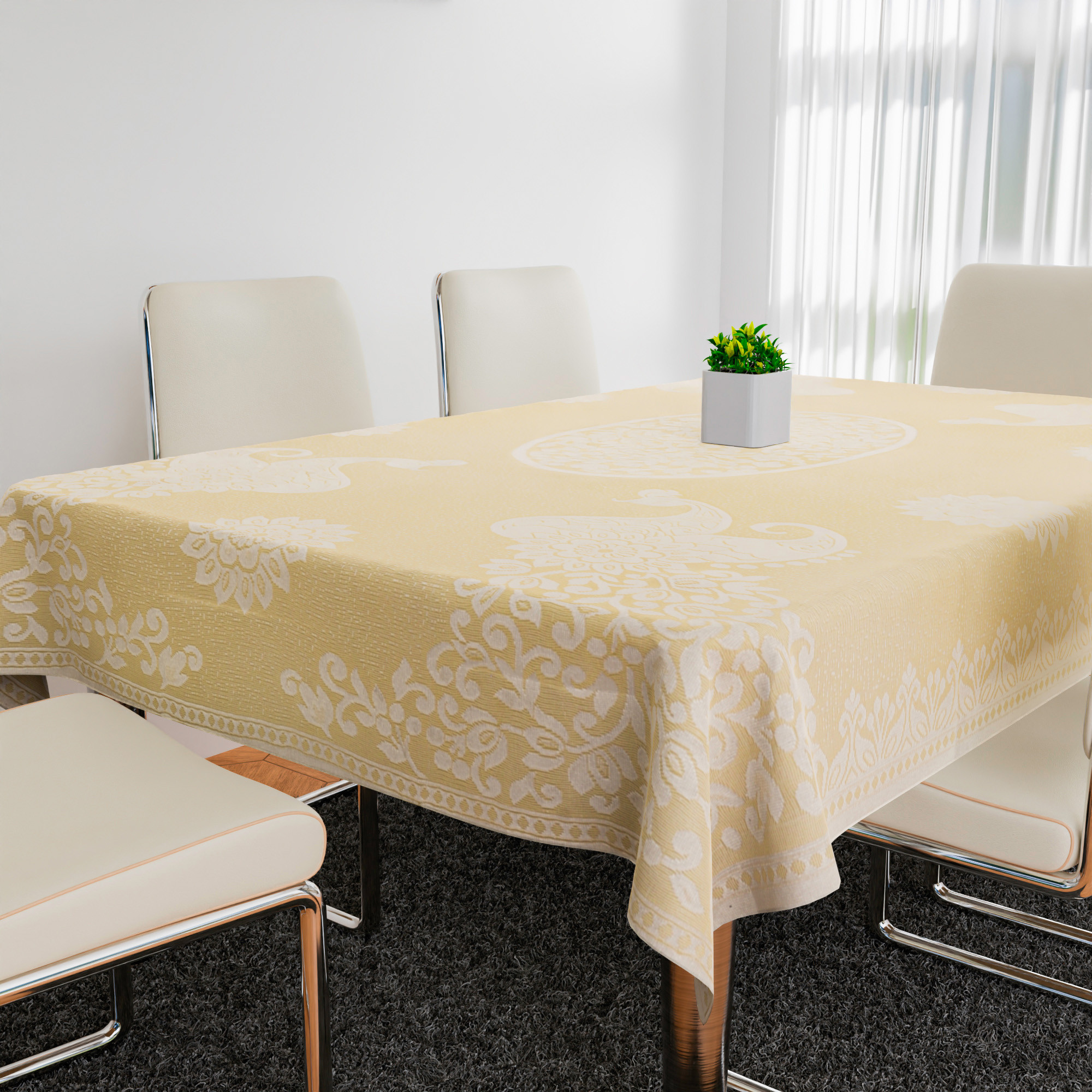 Kuber Industries Dining Table Cover  6-Seater Table Cover  Net Table Protector Cover  Table Cover for Kitchen  Table Cover for Hall Dcor  Peacock-Design  60x90 Inch  DTC  Cream