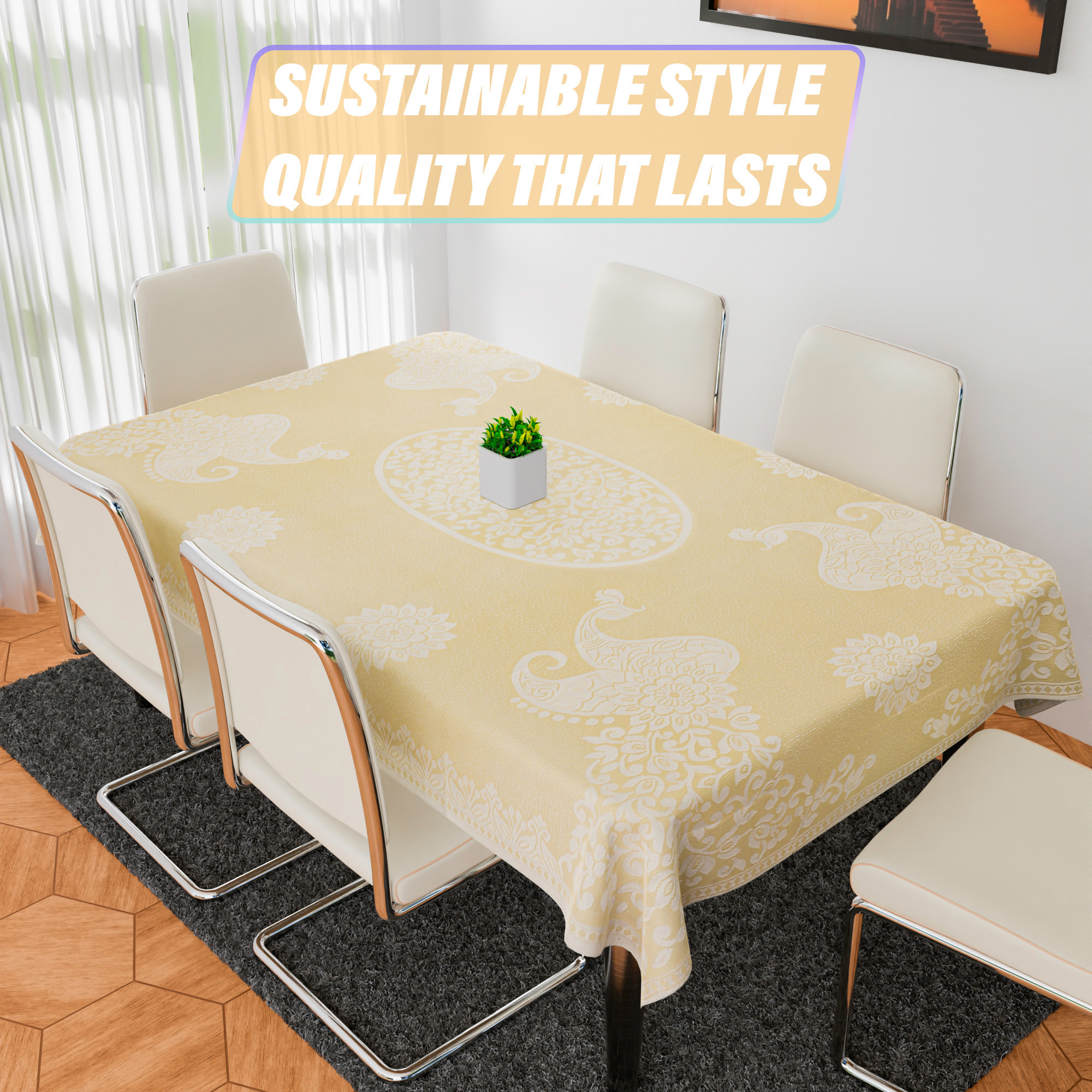 Kuber Industries Dining Table Cover  6-Seater Table Cover  Net Table Protector Cover  Table Cover for Kitchen  Table Cover for Hall Dcor  Peacock-Design  60x90 Inch  DTC  Cream