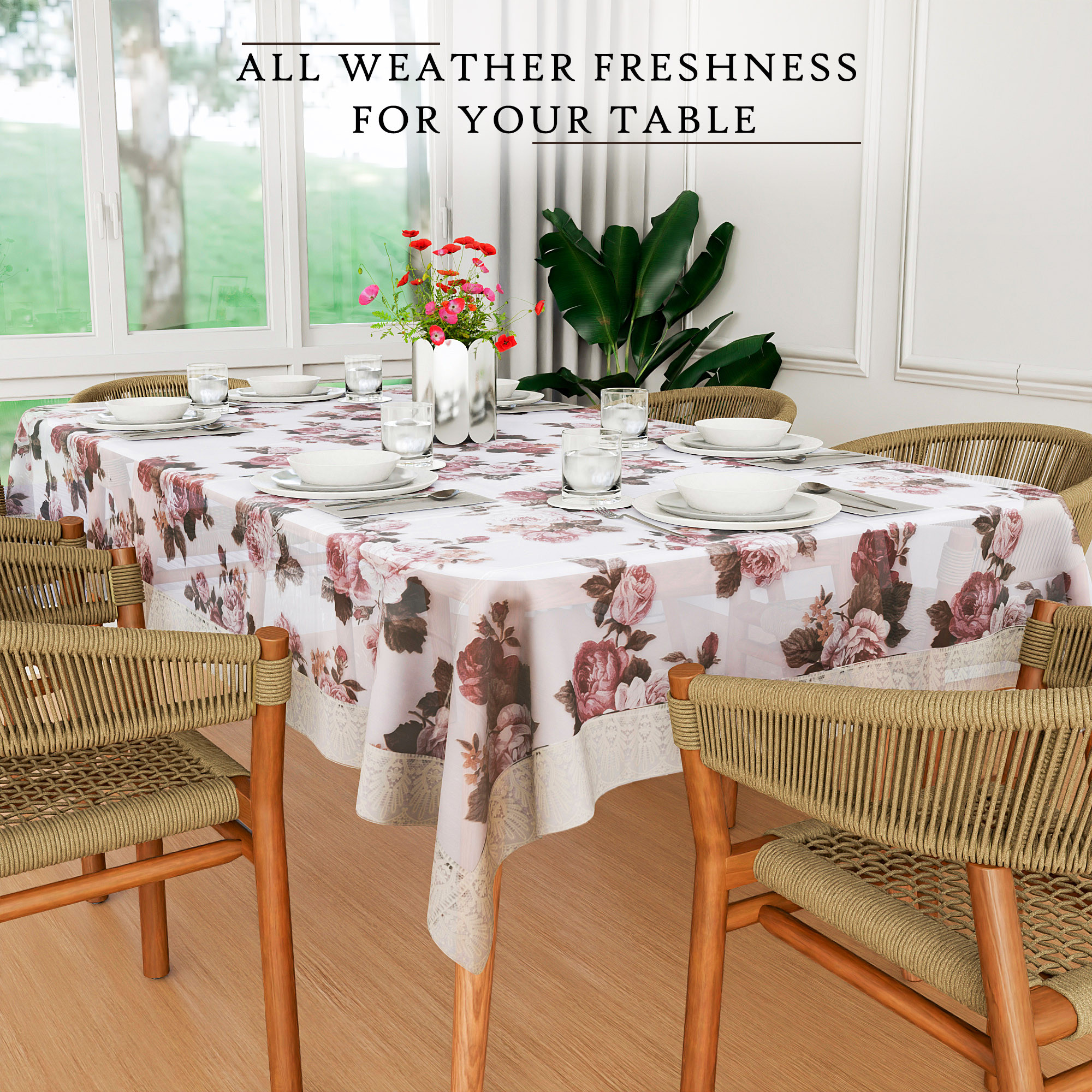 Kuber Industries Dining Table Cover  60x90 Inch  6 Seater Dining Table  PVC Kitchen Table Cover  Waterproof Table Cover  Table Cloth for Dining Table  Rose Transparent Cream Lace  Brown