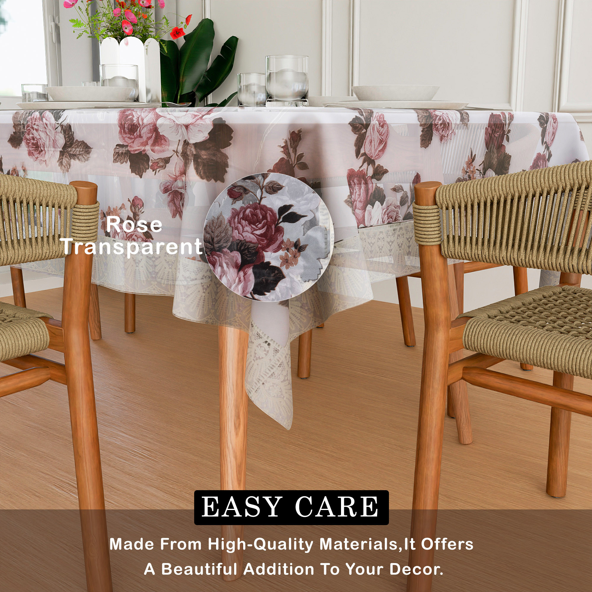 Kuber Industries Dining Table Cover  60x90 Inch  6 Seater Dining Table  PVC Kitchen Table Cover  Waterproof Table Cover  Table Cloth for Dining Table  Rose Transparent Cream Lace  Brown