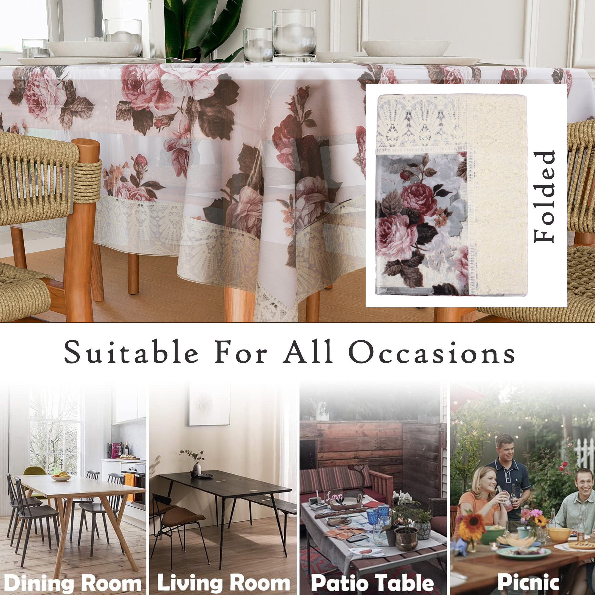 Kuber Industries Dining Table Cover  60x90 Inch  6 Seater Dining Table  PVC Kitchen Table Cover  Waterproof Table Cover  Table Cloth for Dining Table  Rose Transparent Cream Lace  Brown