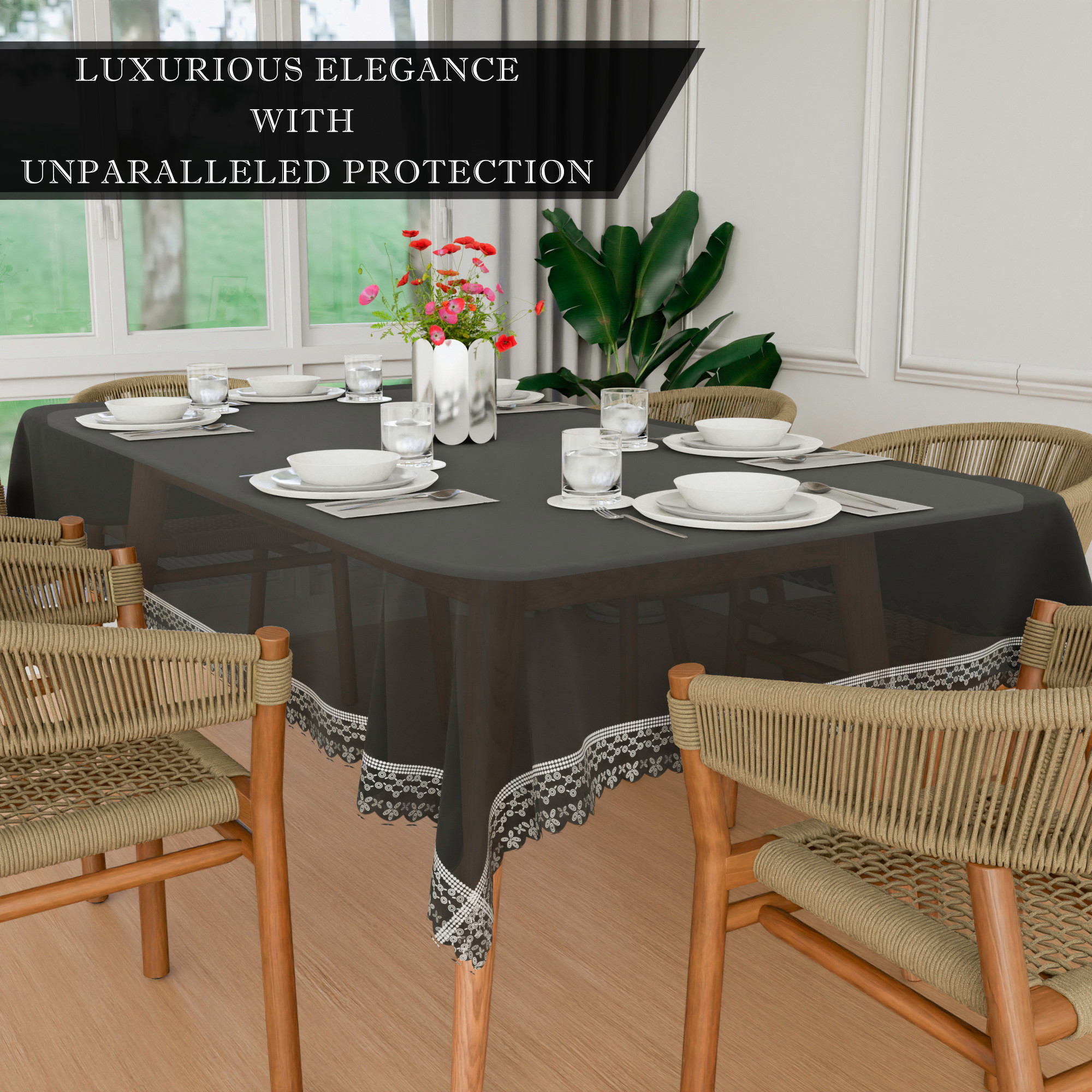 Kuber Industries Dining Table Cover  60x90 Inch  6 Seater Dining Table  PVC Kitchen Table Cover  Waterproof Table Cover  Table Cloth for Dining Table  Transparent Silver Emboss  Black