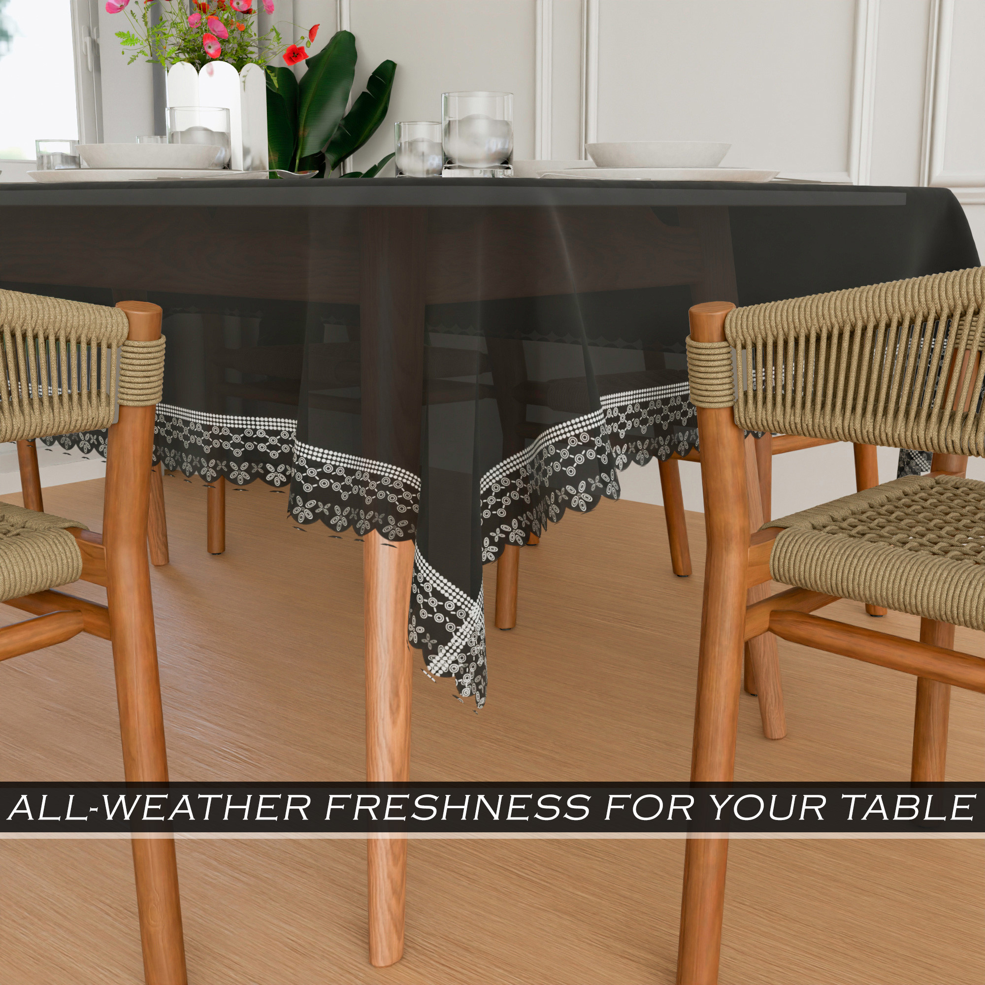 Kuber Industries Dining Table Cover  60x90 Inch  6 Seater Dining Table  PVC Kitchen Table Cover  Waterproof Table Cover  Table Cloth for Dining Table  Transparent Silver Emboss  Black