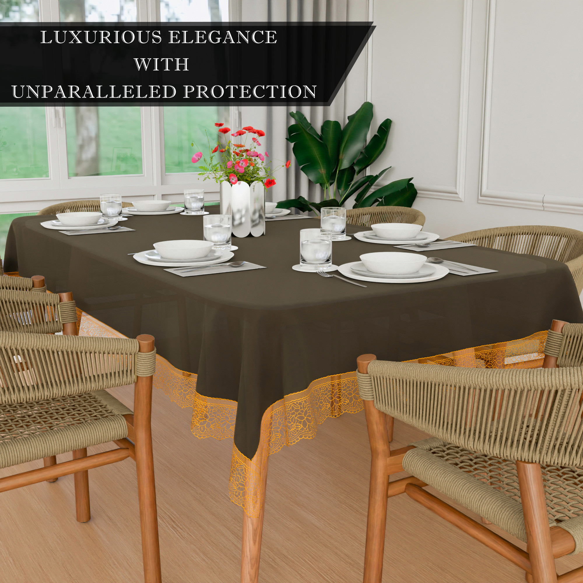 Kuber Industries Dining Table Cover  60x90 Inch  6 Seater Dining Table  PVC Kitchen Table Cover  Waterproof Table Cover  Table Cloth for Dining Table  Transparent Golden Lace  Black