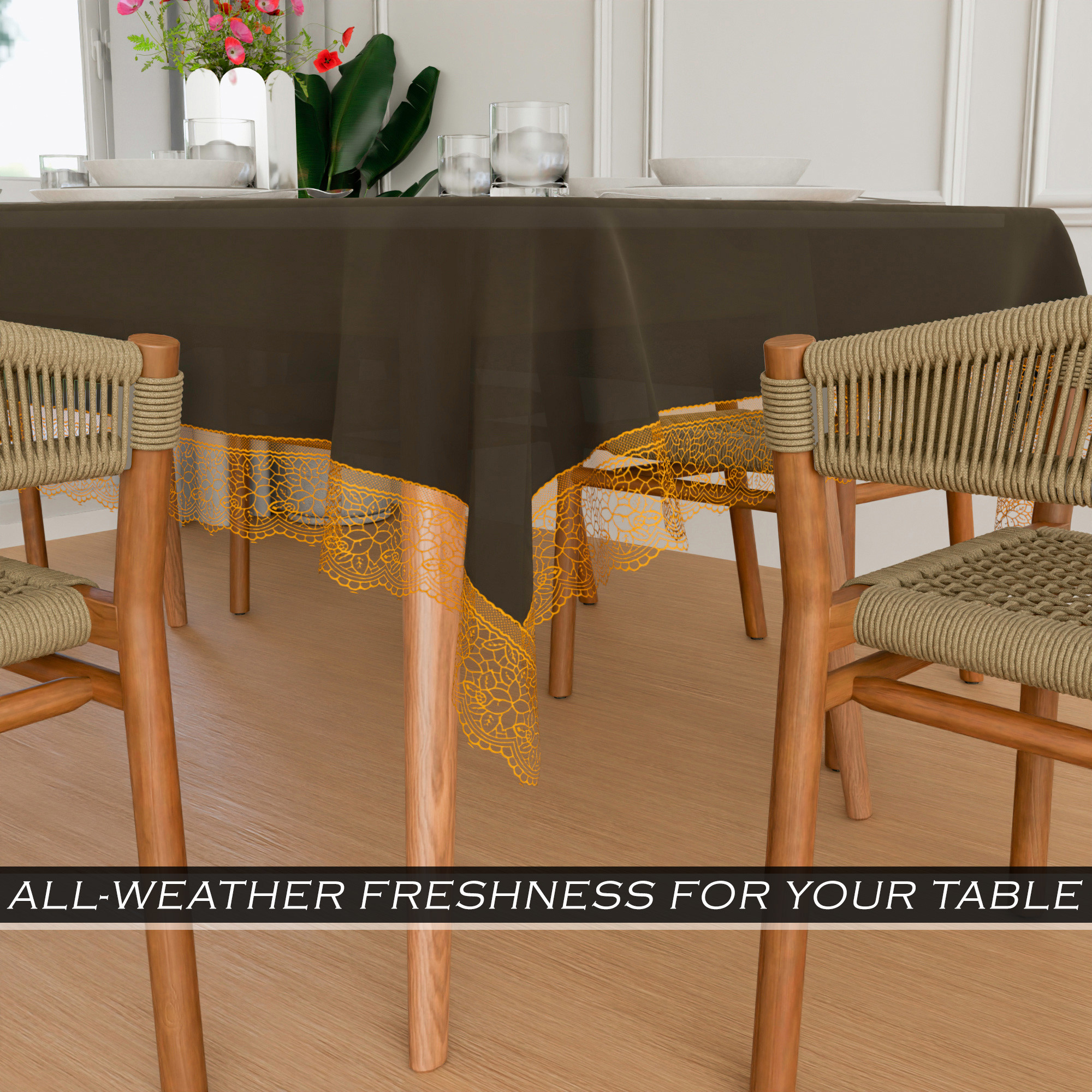 Kuber Industries Dining Table Cover  60x90 Inch  6 Seater Dining Table  PVC Kitchen Table Cover  Waterproof Table Cover  Table Cloth for Dining Table  Transparent Golden Lace  Black