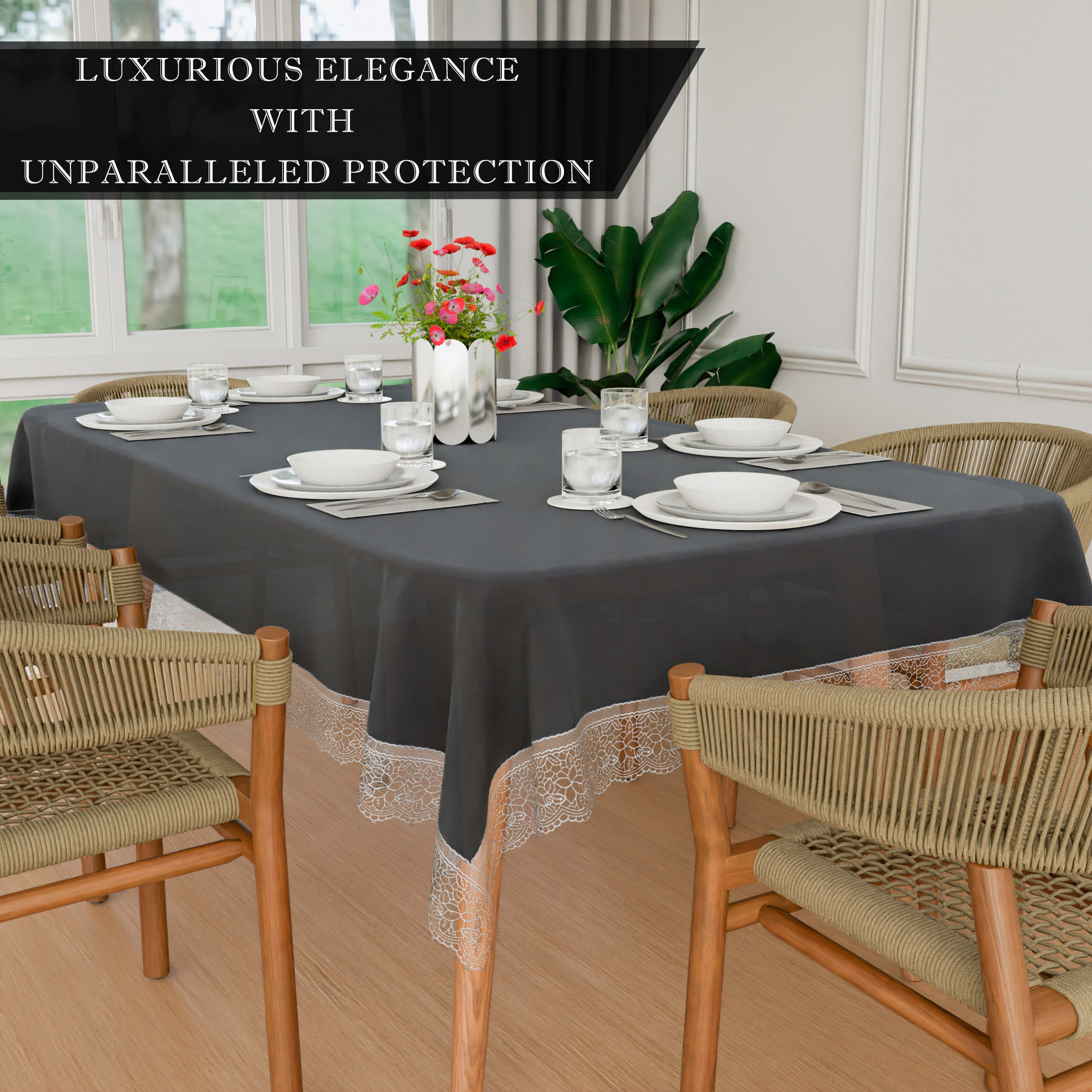 Kuber Industries Dining Table Cover  60x90 Inch  6 Seater Dining Table  PVC Kitchen Table Cover  Waterproof Table Cover  Table Cloth for Dining Table  Transparent Silver Lace  Black