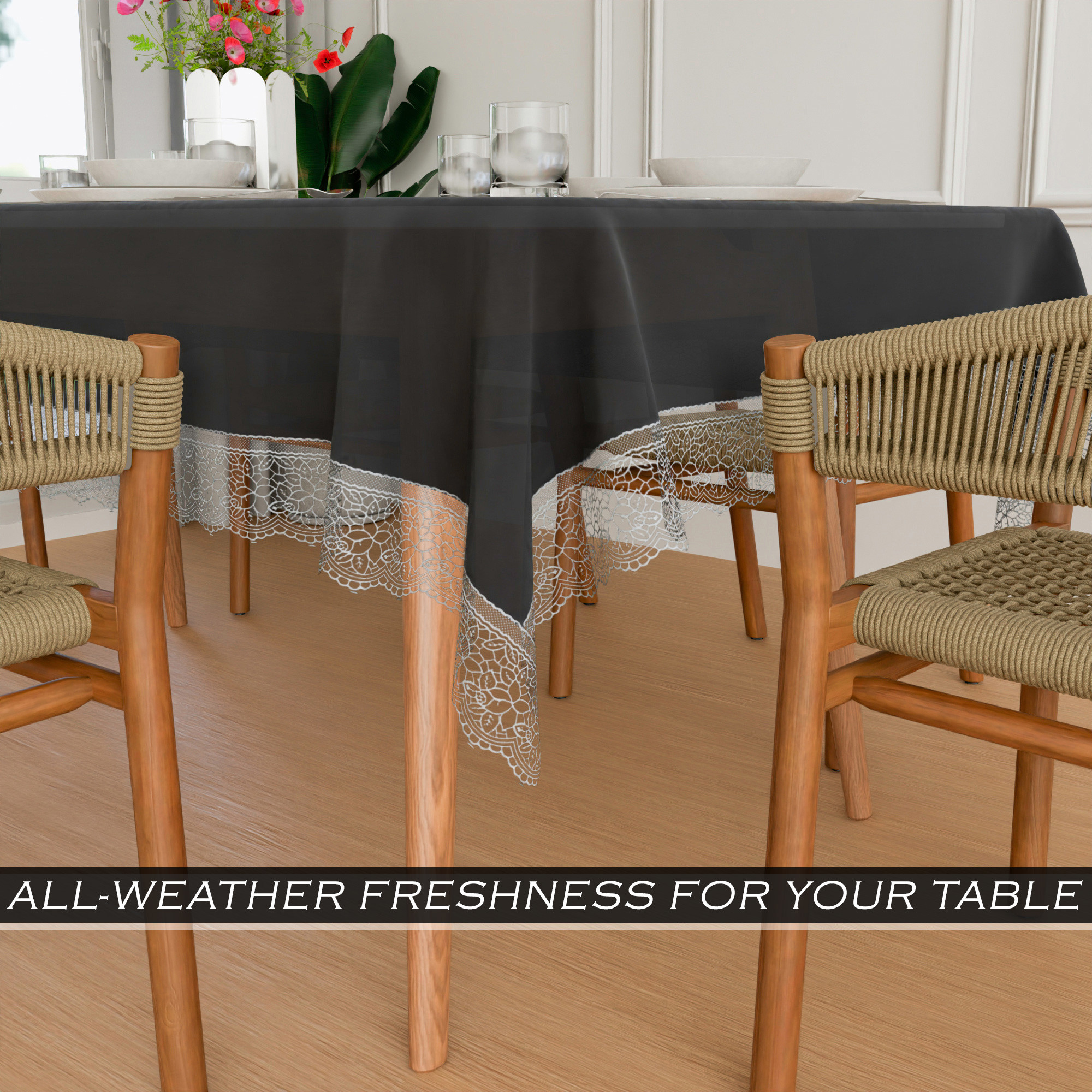 Kuber Industries Dining Table Cover  60x90 Inch  6 Seater Dining Table  PVC Kitchen Table Cover  Waterproof Table Cover  Table Cloth for Dining Table  Transparent Silver Lace  Black