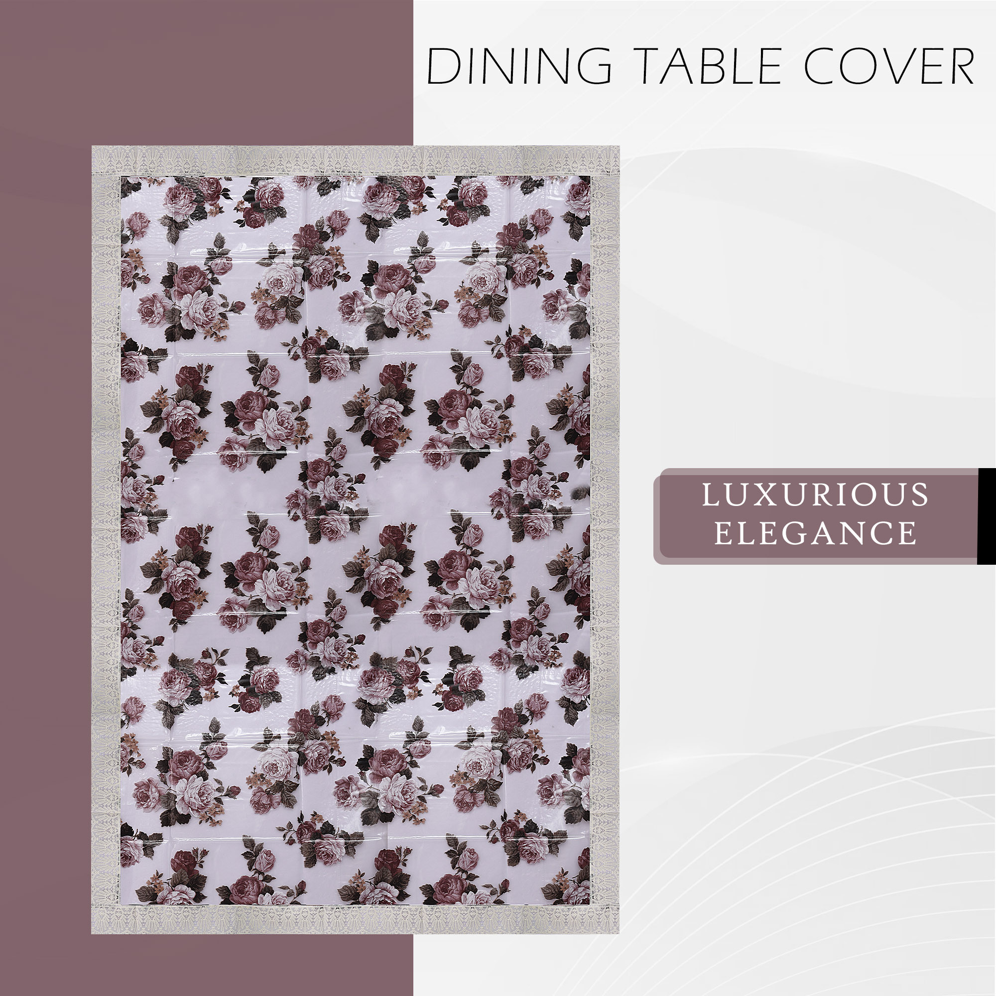 Kuber Industries Dining Table Cover  60x90 Inch  6 Seater Dining Table  PVC Kitchen Table Cover  Waterproof Table Cover  Table Cloth for Dining Table  Rose Transparent Cream Lace  Brown