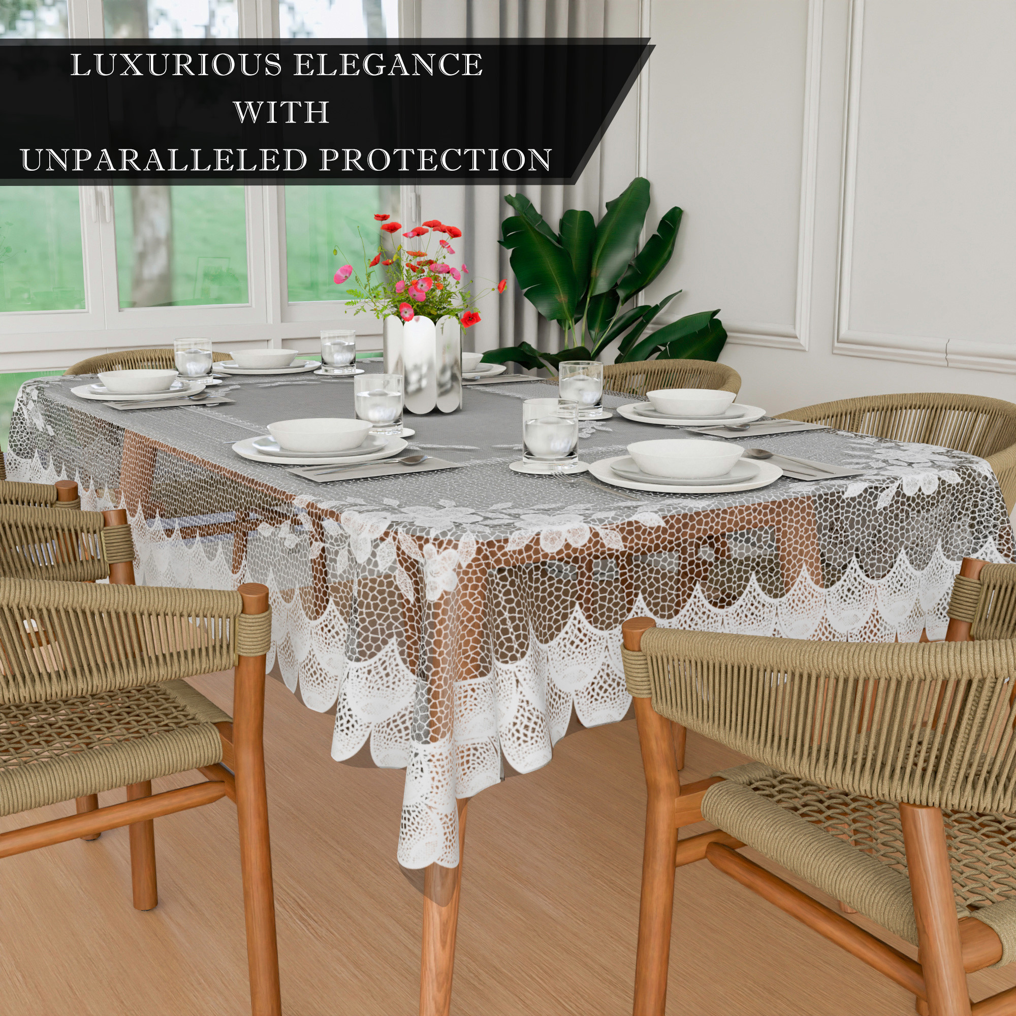 Kuber Industries Dining Table Cover  60x90 Inch  6 Seater Dining Table  PVC Table Cloth  Kitchen Table Cover  Waterproof Table Cover  Table Cloth for Dining Table  Self Transparent  White