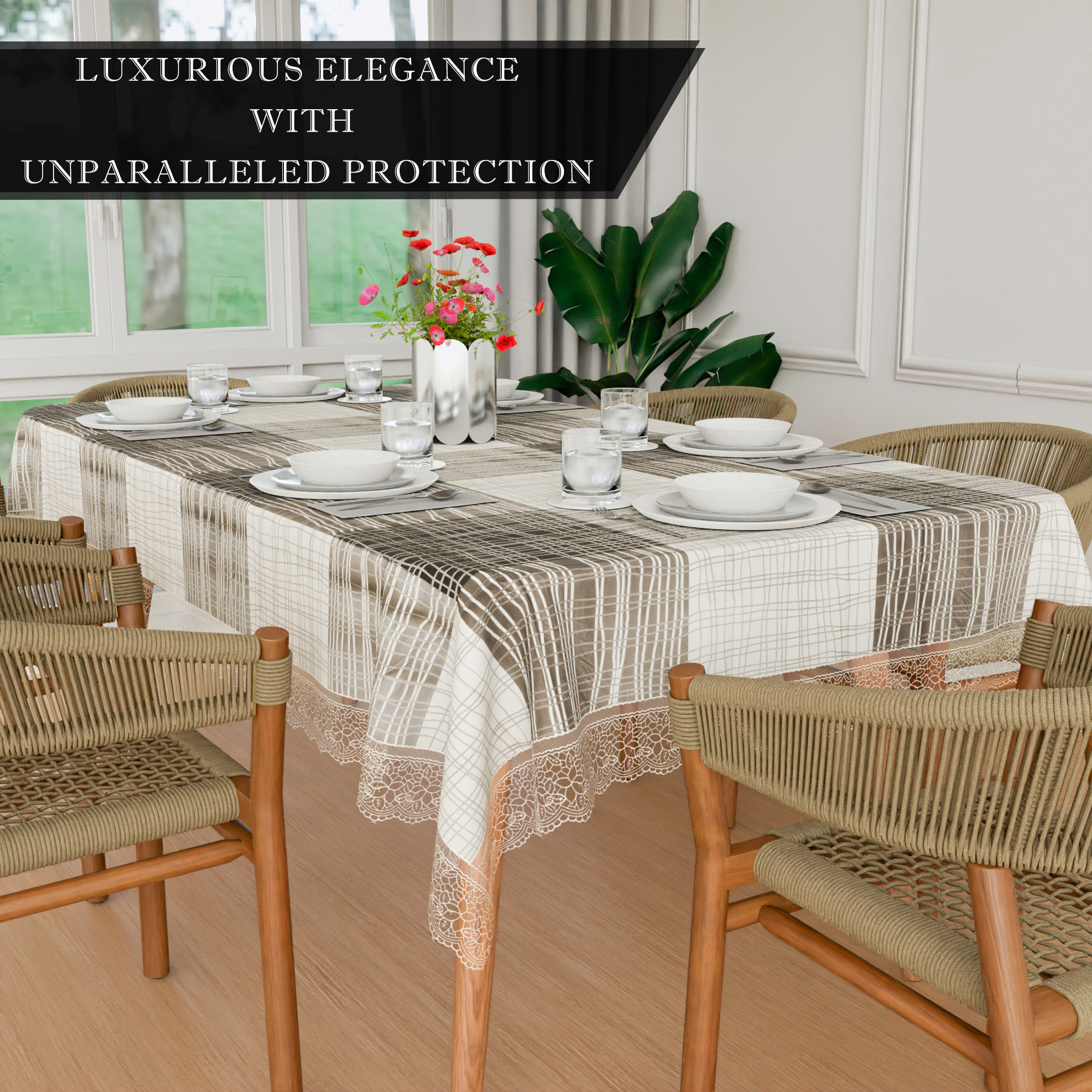 Kuber Industries Dining Table Cover  60x90 Inch  6 Seater Dining Table  PVC Table Cloth  Kitchen Table Cover  Waterproof Table Cover  Table Cloth for Dining Table  Black Lining  Grey