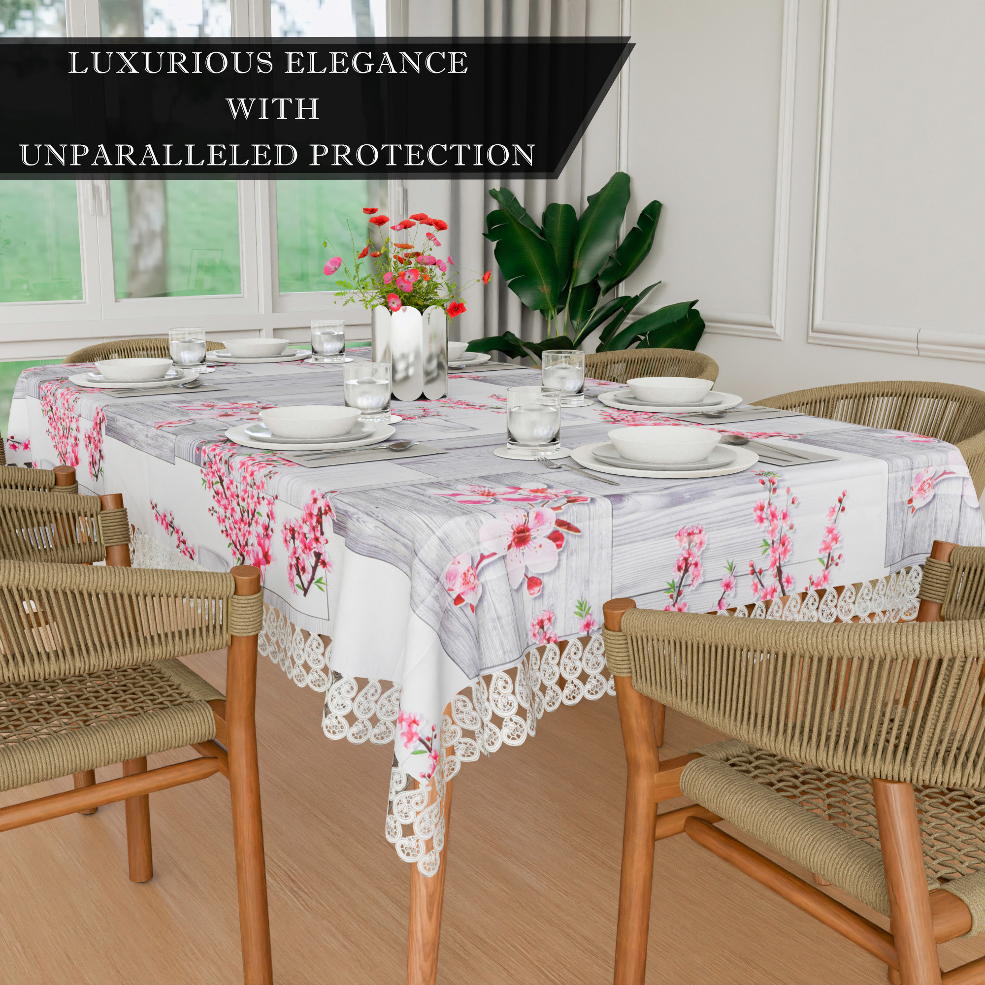 Kuber Industries Dining Table Cover  60x90 Inch  6 Seater Dining Table  PVC Table Cloth  Kitchen Table Cover  Waterproof Table Cover  Table Cloth for Dining Table  Pink Flower  Grey