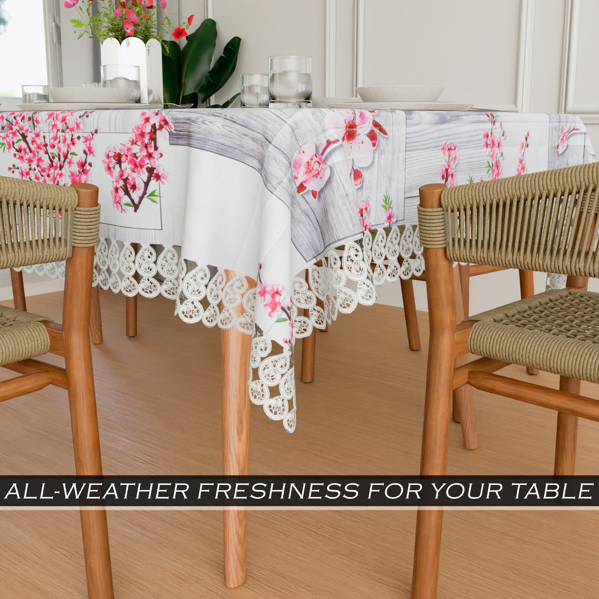 Kuber Industries Dining Table Cover  60x90 Inch  6 Seater Dining Table  PVC Table Cloth  Kitchen Table Cover  Waterproof Table Cover  Table Cloth for Dining Table  Pink Flower  Grey