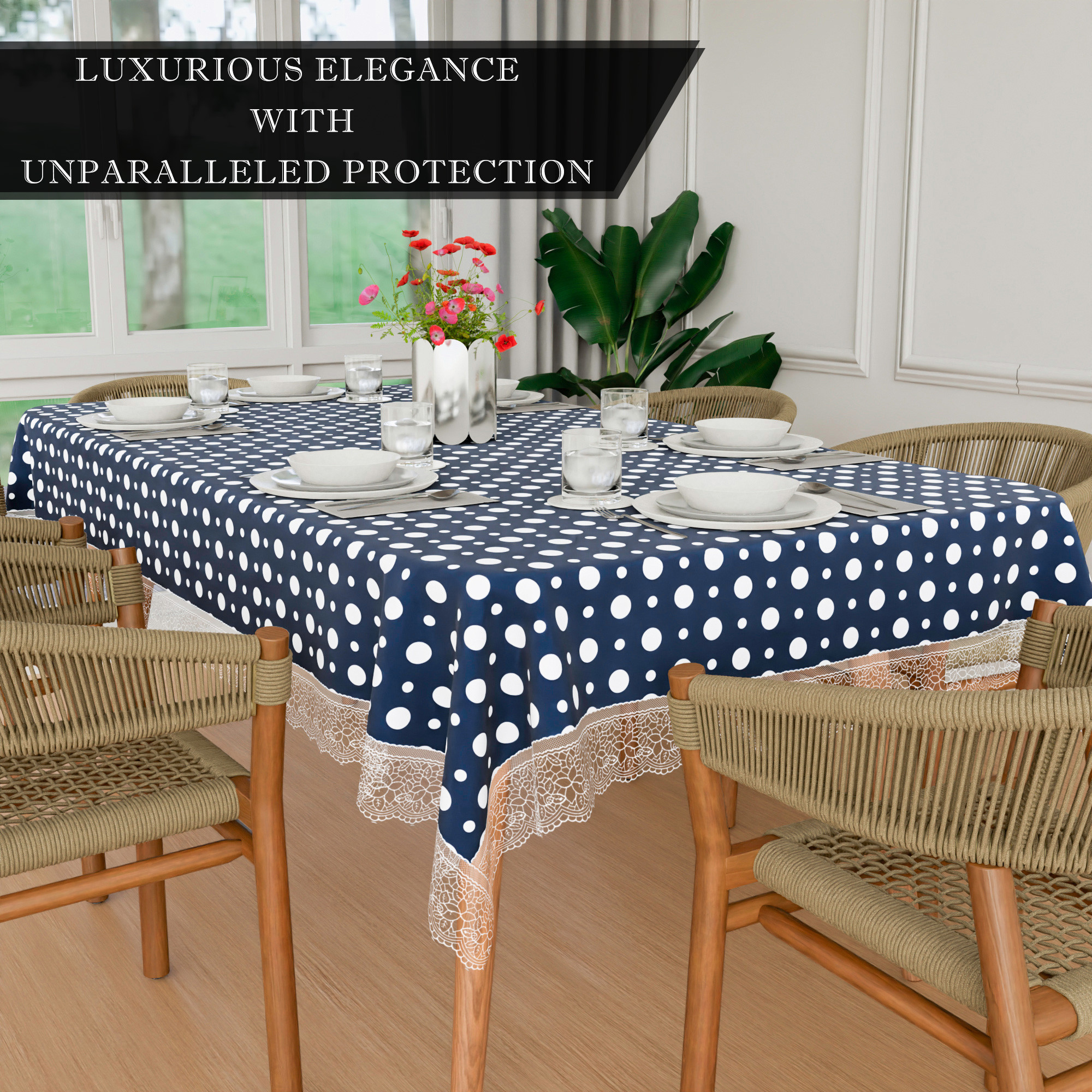 Kuber Industries Dining Table Cover  60x90 Inch  6 Seater Dining Table  PVC Table Cloth  Kitchen Table Cover  Waterproof Table Cover  Table Cloth for Dining Table  Dot  Blue