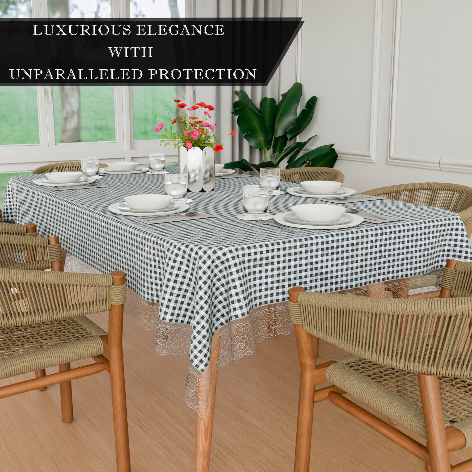 Kuber Industries Dining Table Cover  60x90 Inch  6 Seater Dining Table  PVC Table Cloth  Kitchen Table Cover  Waterproof Table Cover  Table Cloth for Dining Table  Barik Check  Grey