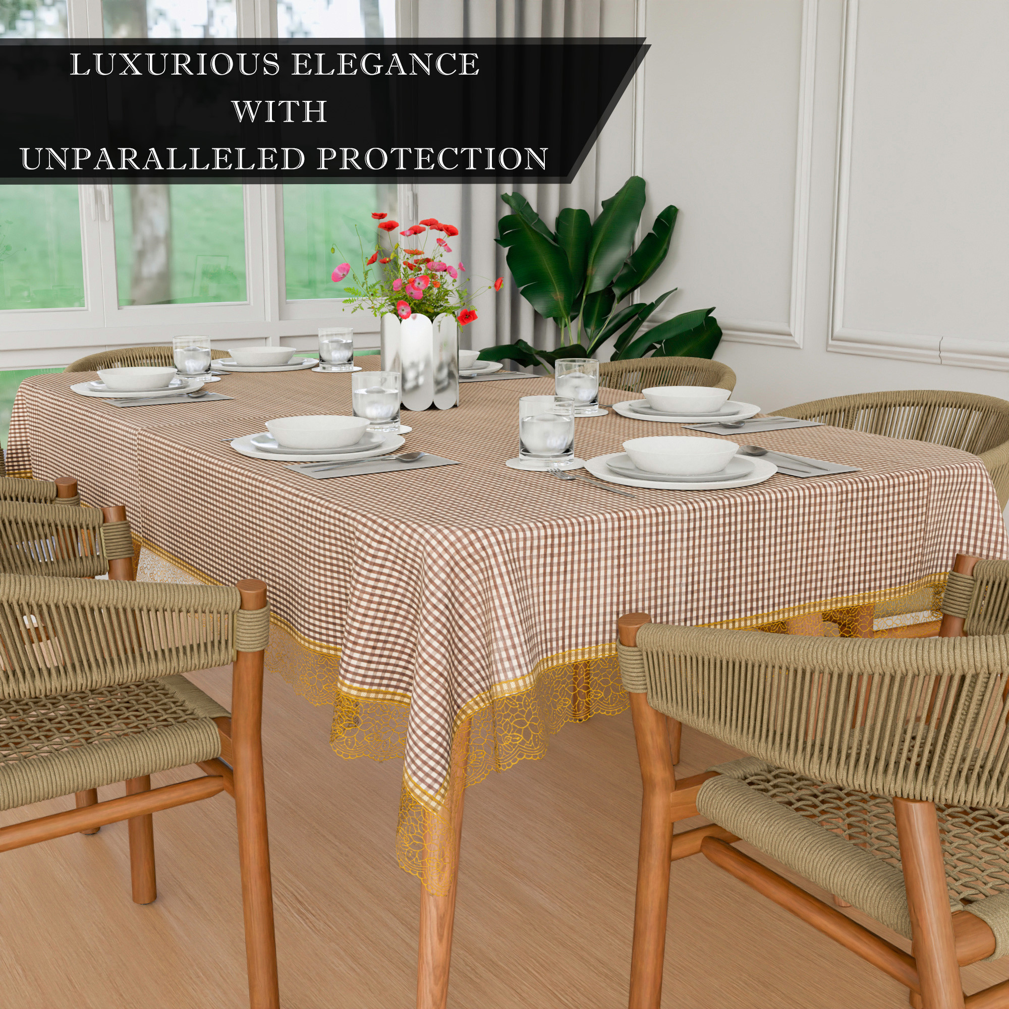 Kuber Industries Dining Table Cover  60x90 Inch  6 Seater Dining Table  PVC Table Cloth  Kitchen Table Cover  Waterproof Table Cover  Table Cloth for Dining Table  Barik Check  Dark Brown